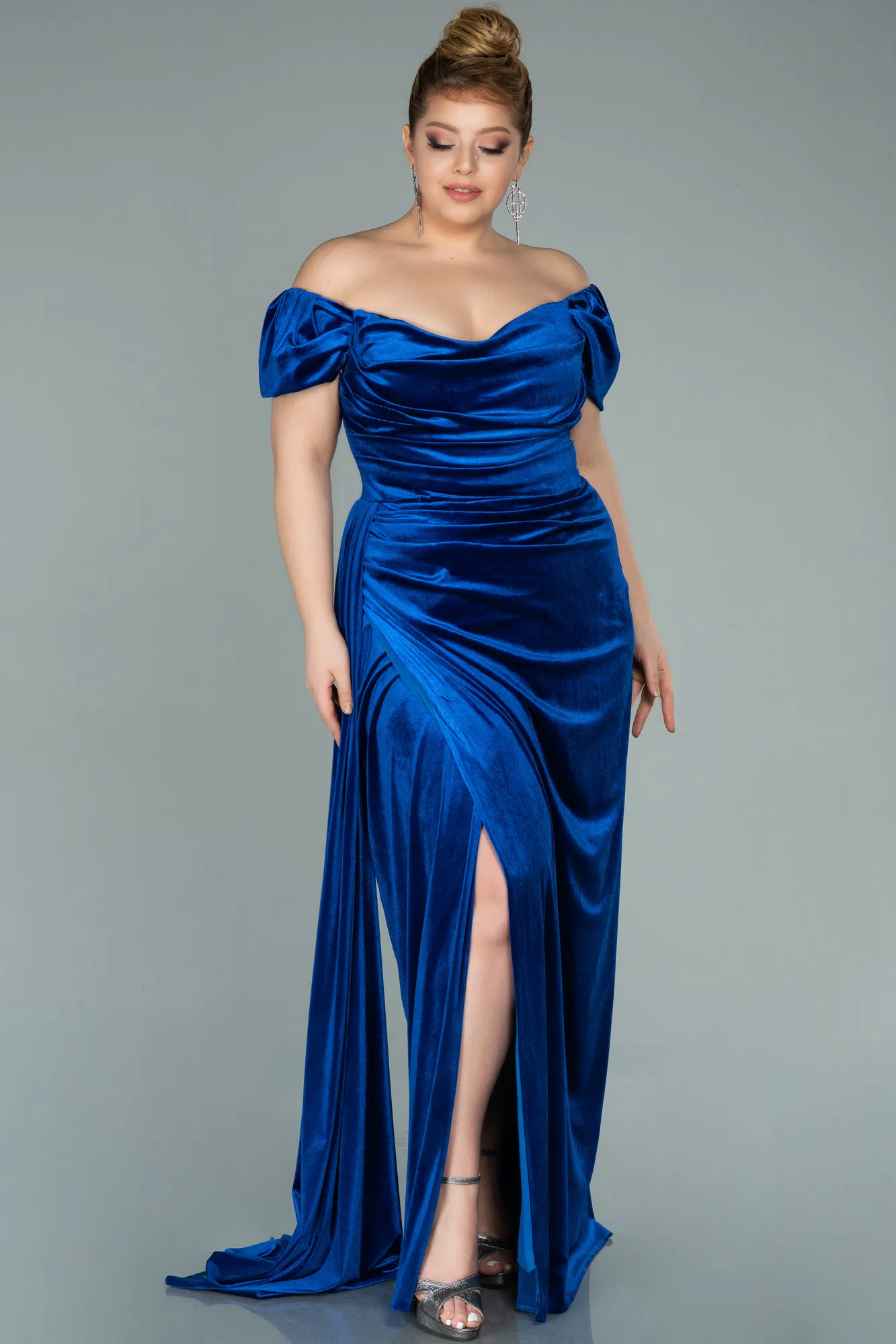 Sax Blue-Long Velvet Oversized Evening Dress ABU1991