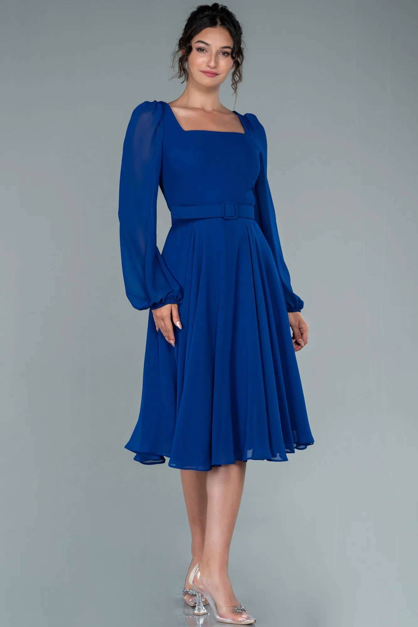 Sax Blue-Midi Chiffon Invitation Dress ABK1441