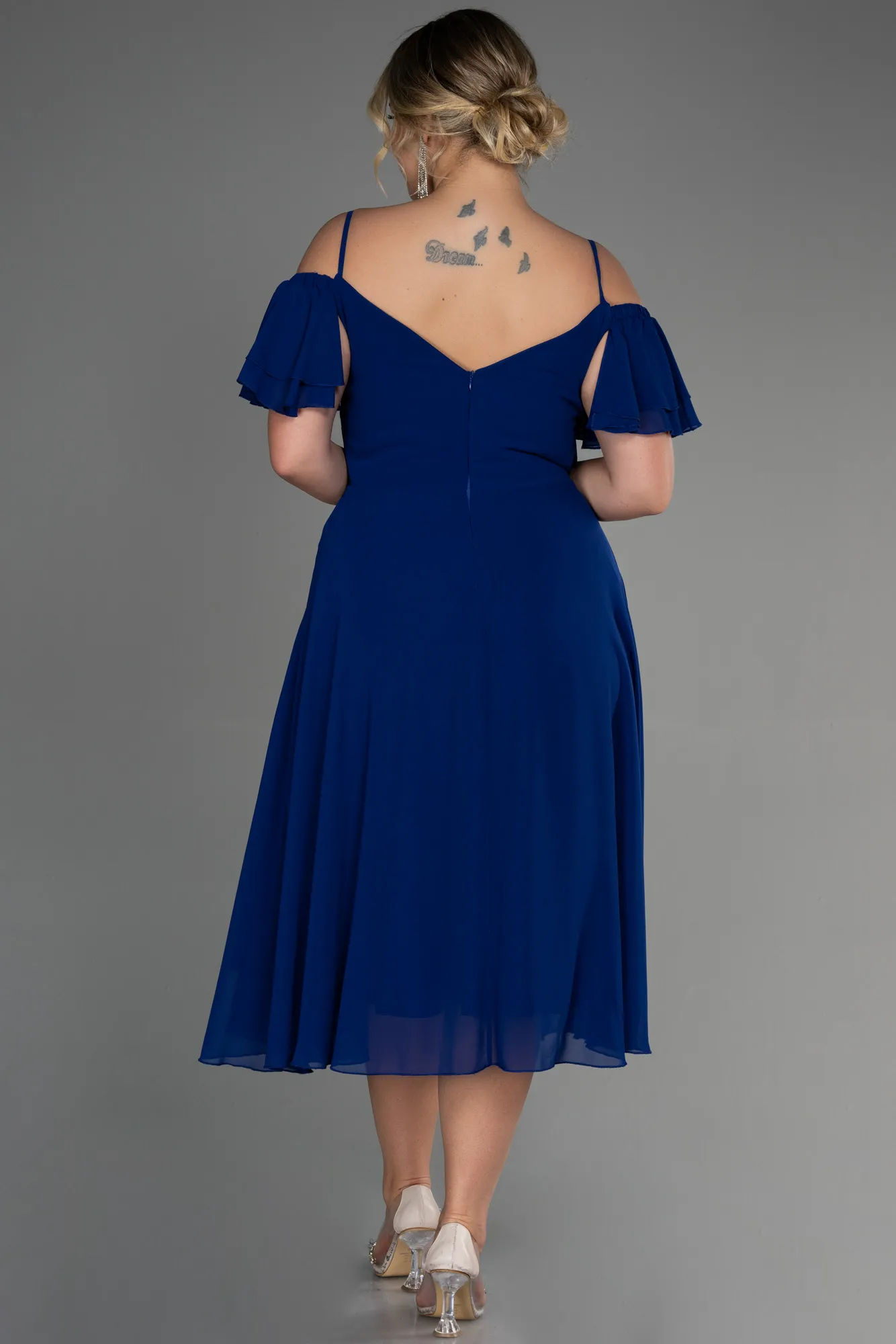 Sax Blue-Midi Chiffon Plus Size Evening Dress ABK1475