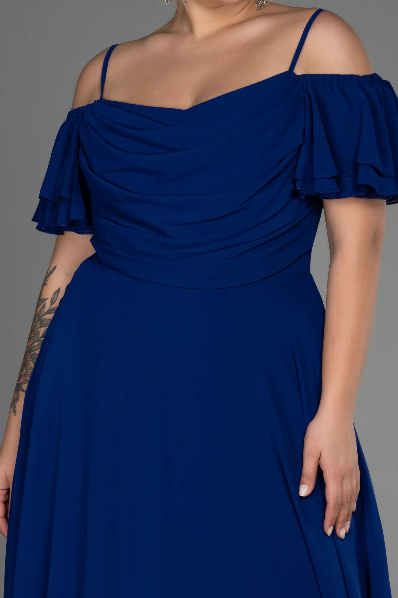 Sax Blue-Midi Chiffon Plus Size Evening Dress ABK1475