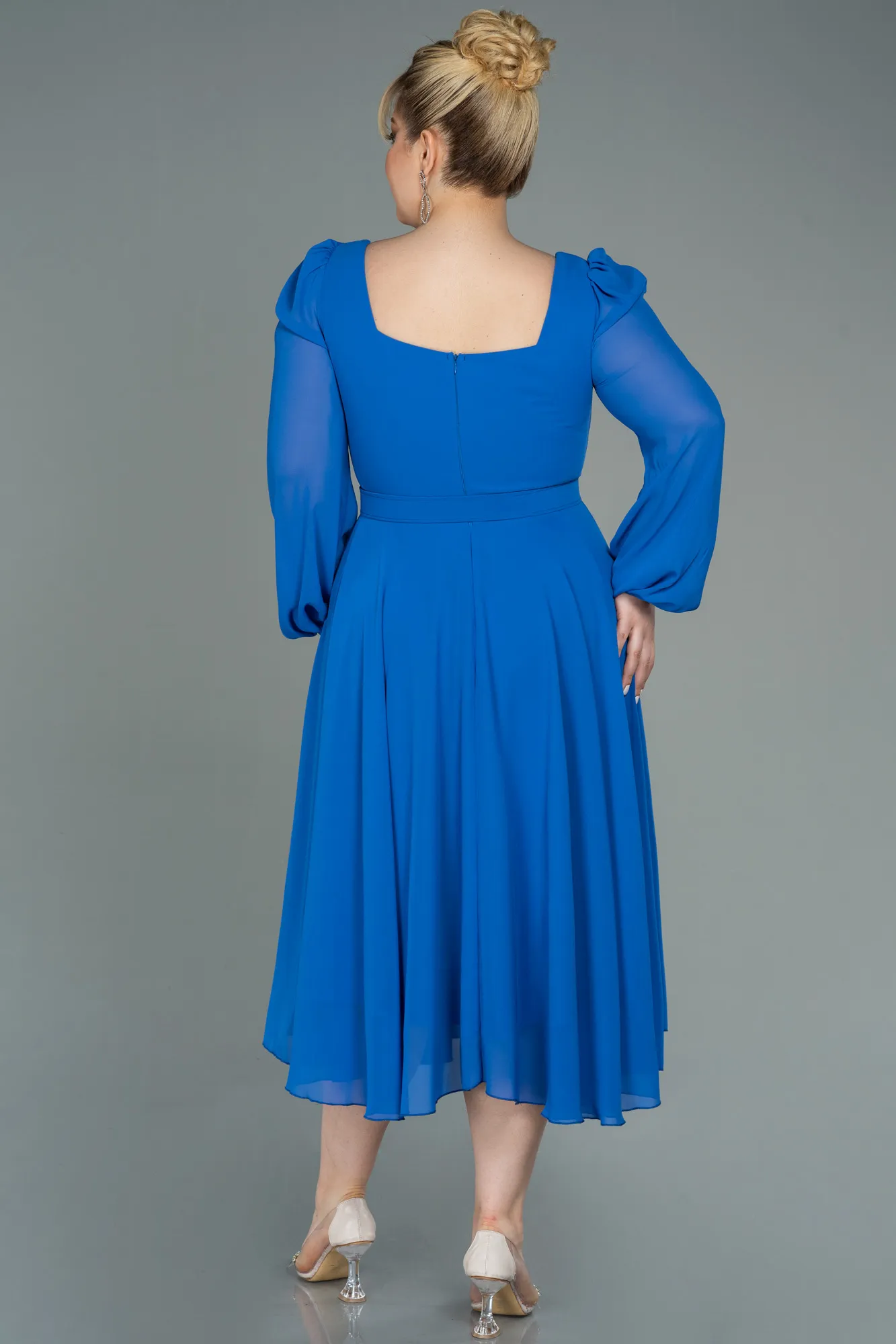 Sax Blue-Midi Chiffon Plus Size Evening Dress ABK1753