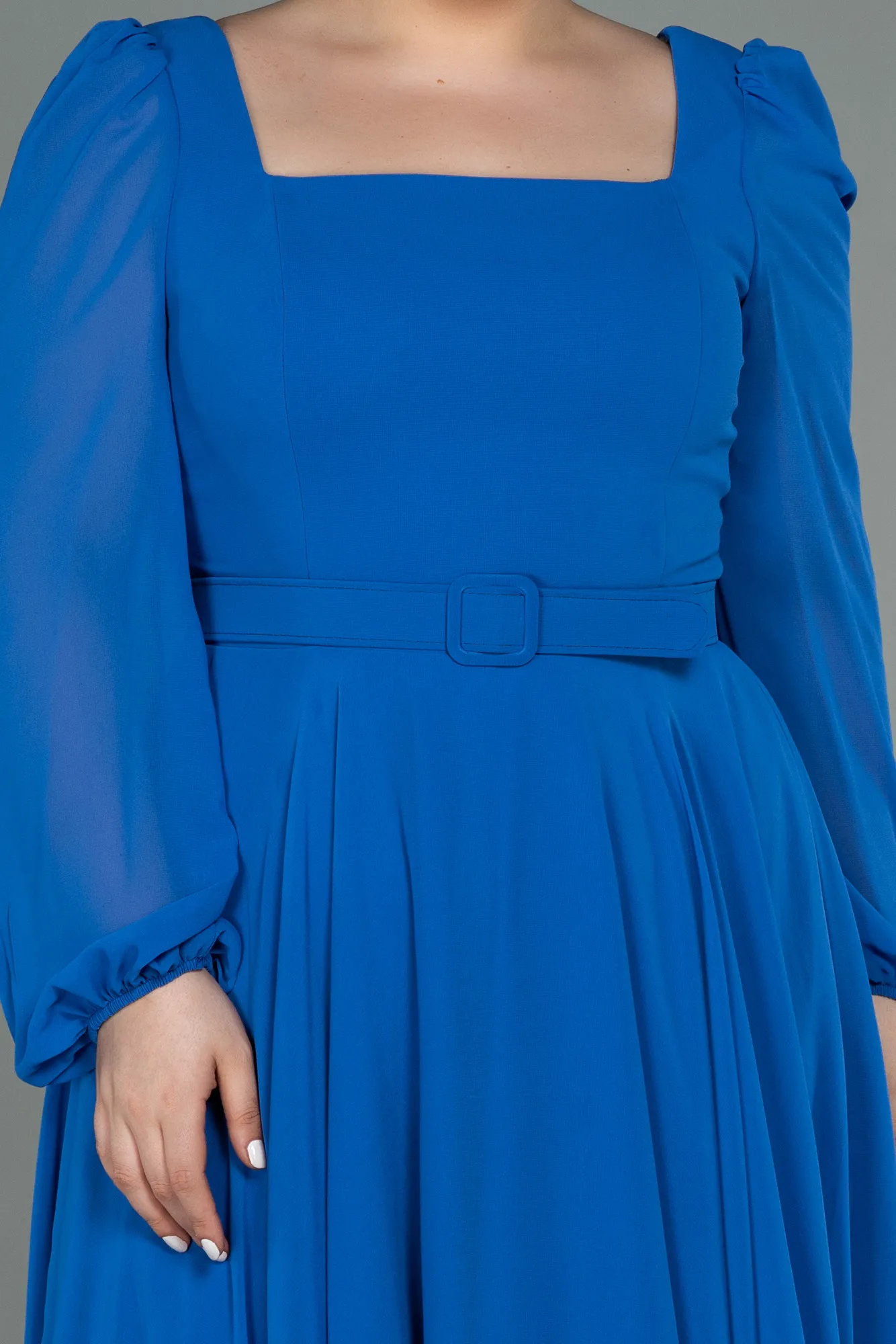 Sax Blue-Midi Chiffon Plus Size Evening Dress ABK1753