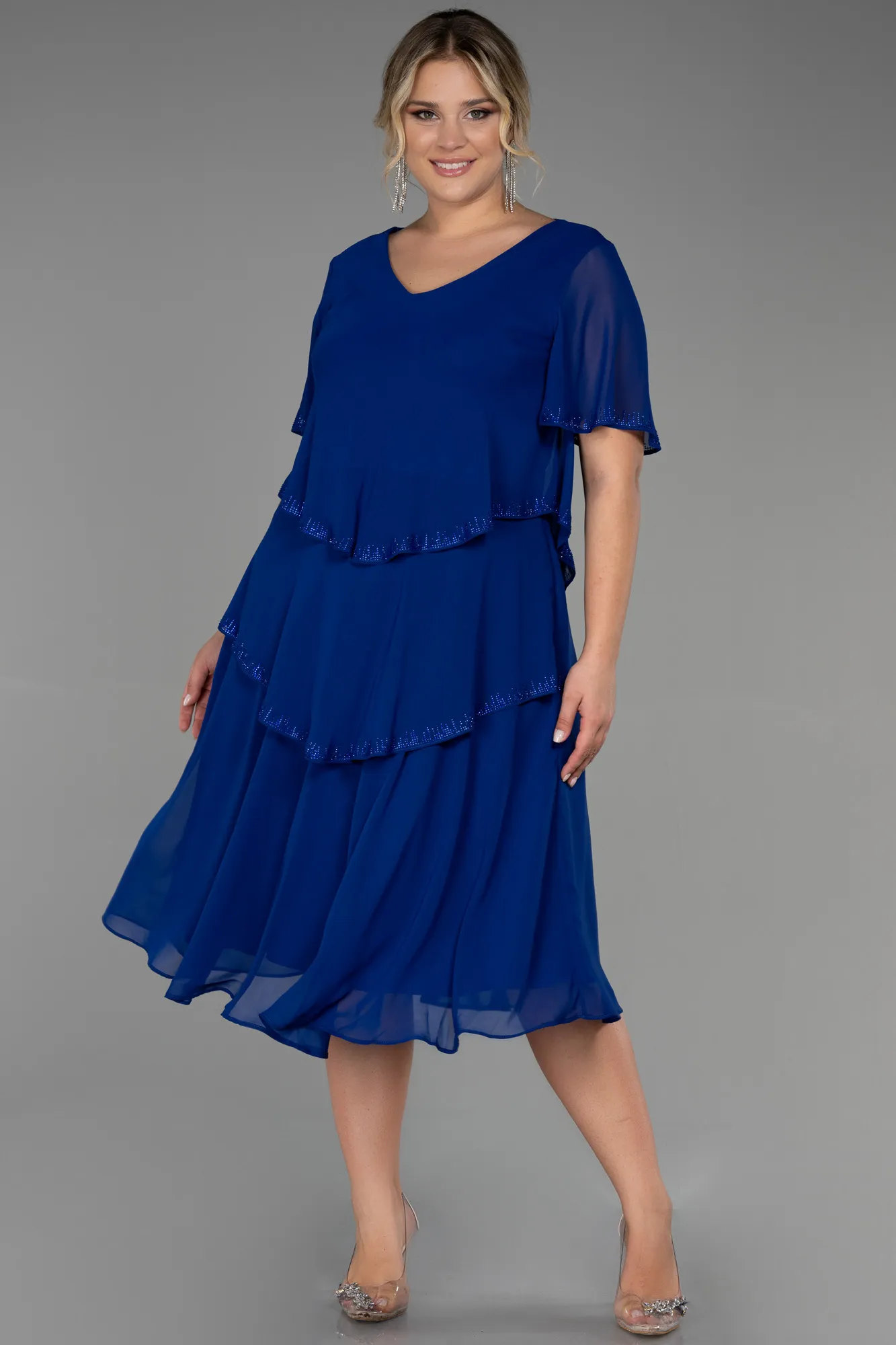 Sax Blue-Midi Chiffon Plus Size Evening Dress ABK1825