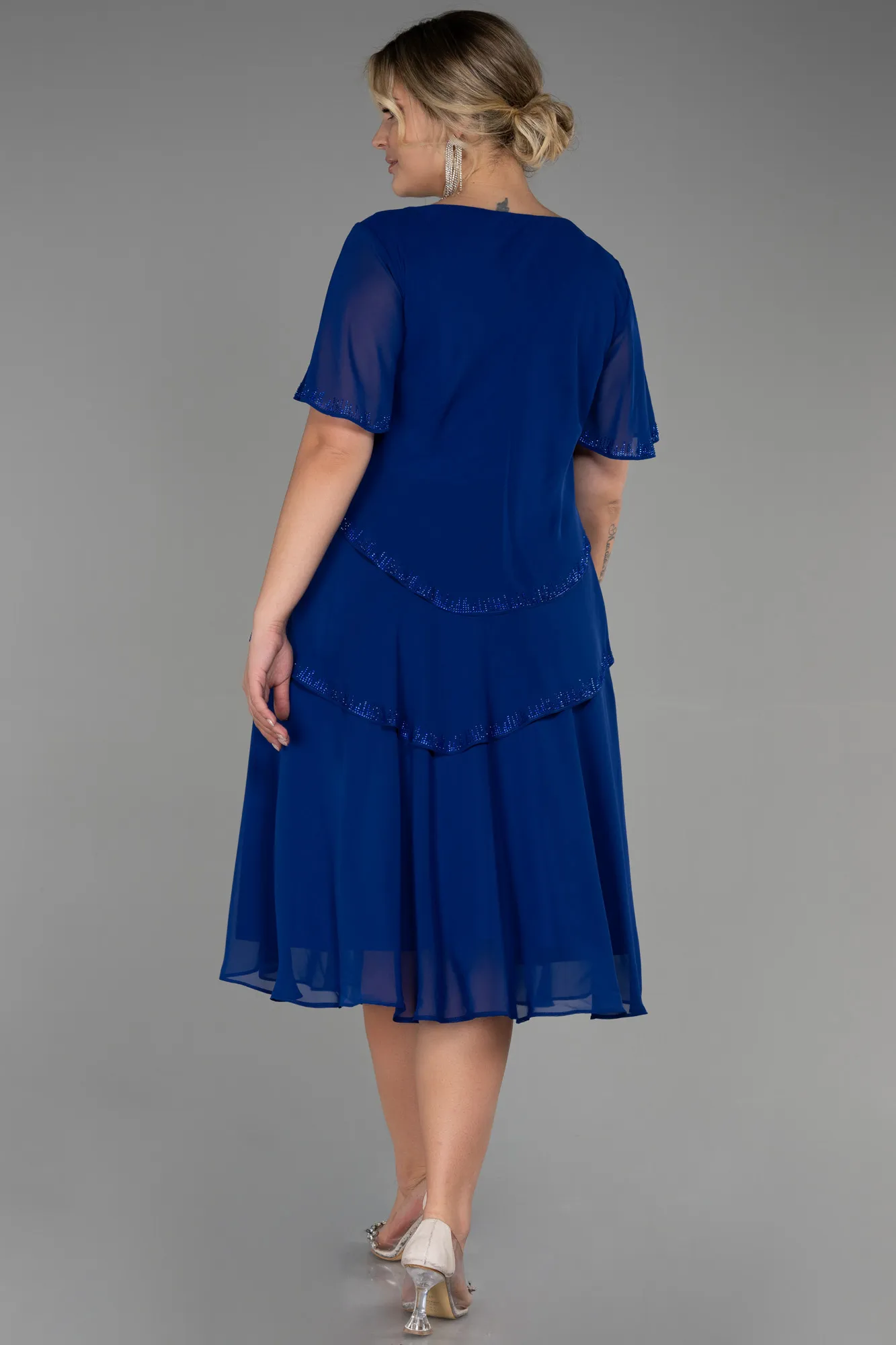 Sax Blue-Midi Chiffon Plus Size Evening Dress ABK1825