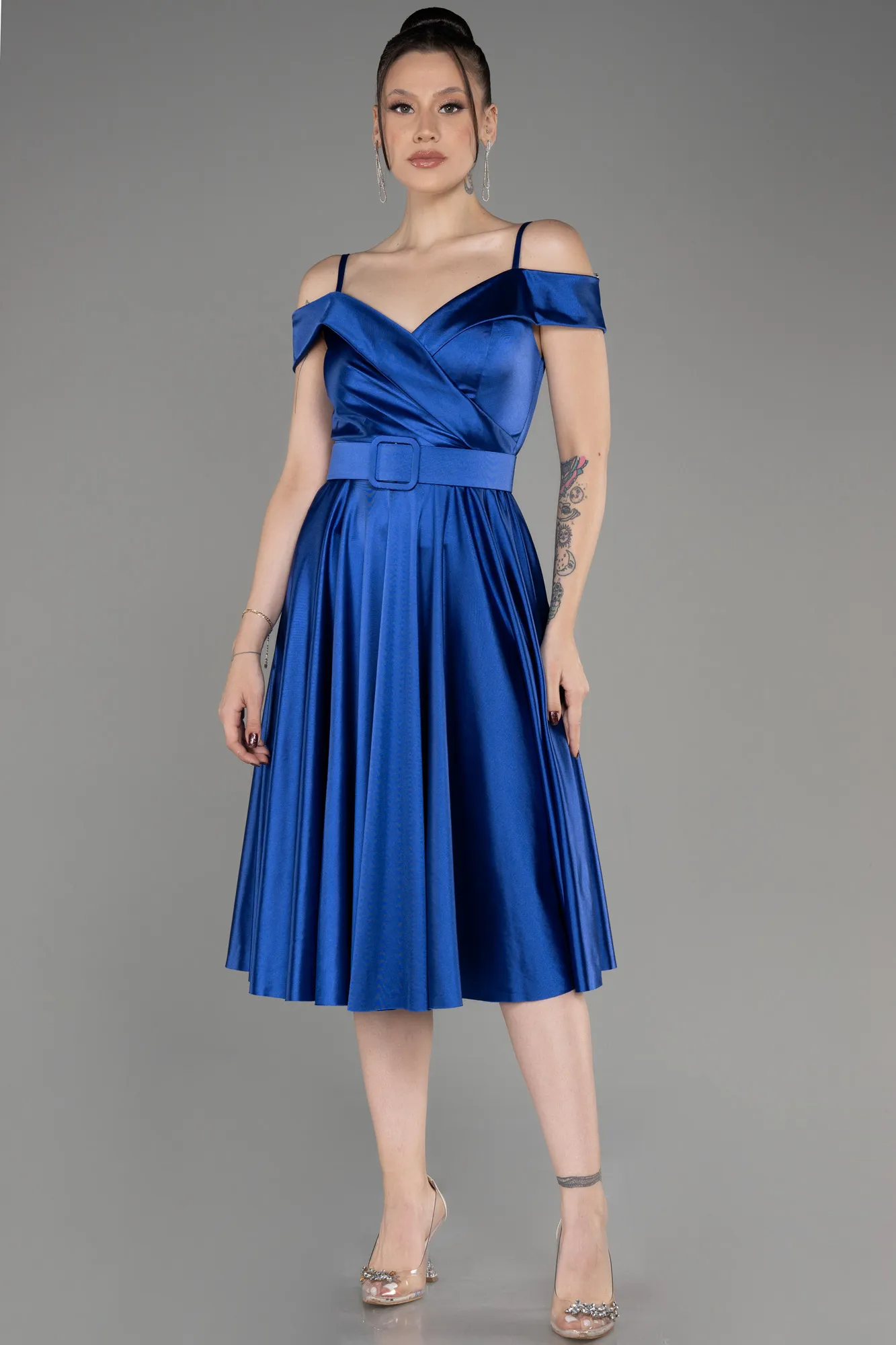 Sax Blue-Midi Cocktail Satin Dress ABK2080