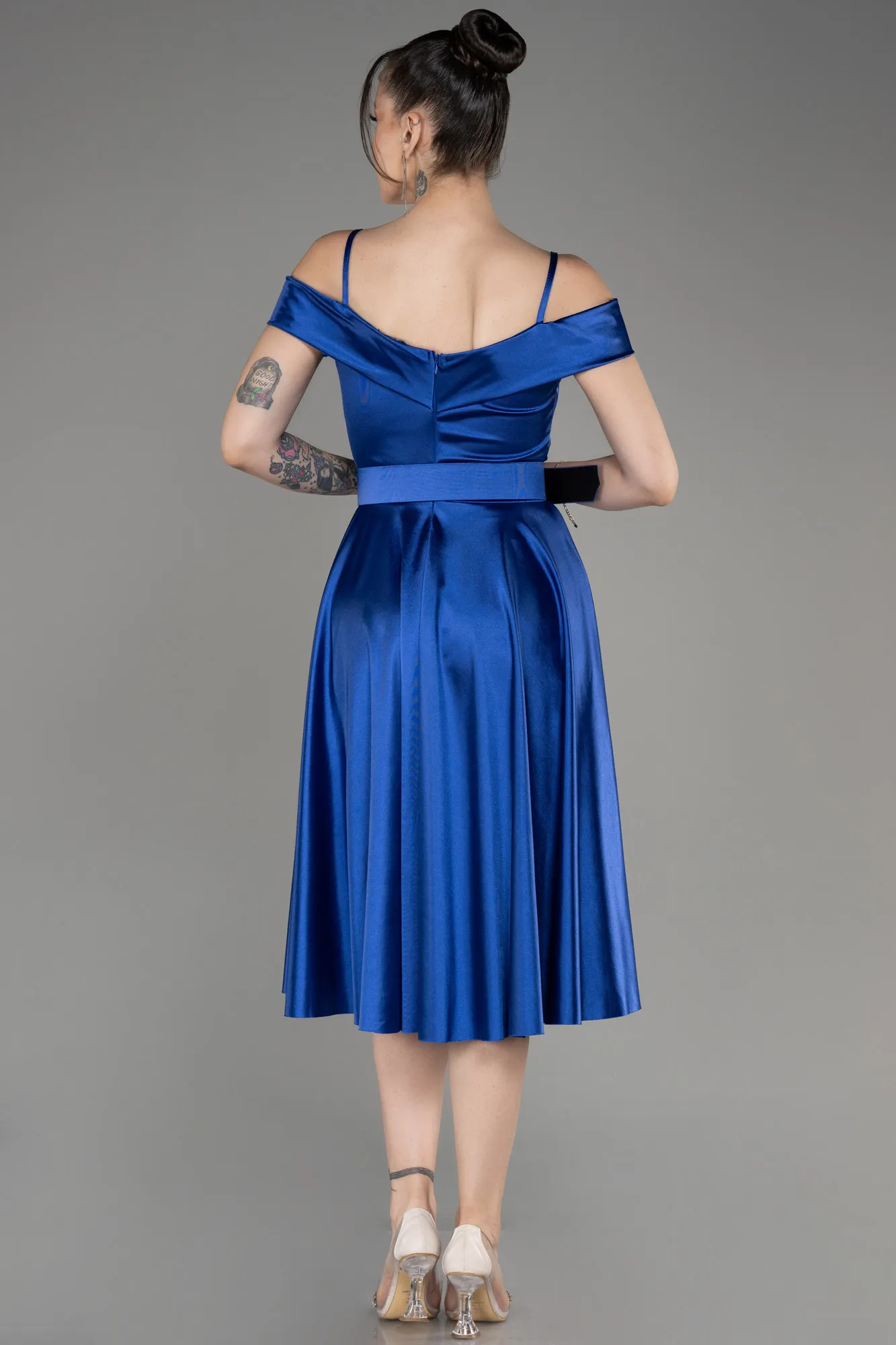 Sax Blue-Midi Cocktail Satin Dress ABK2080