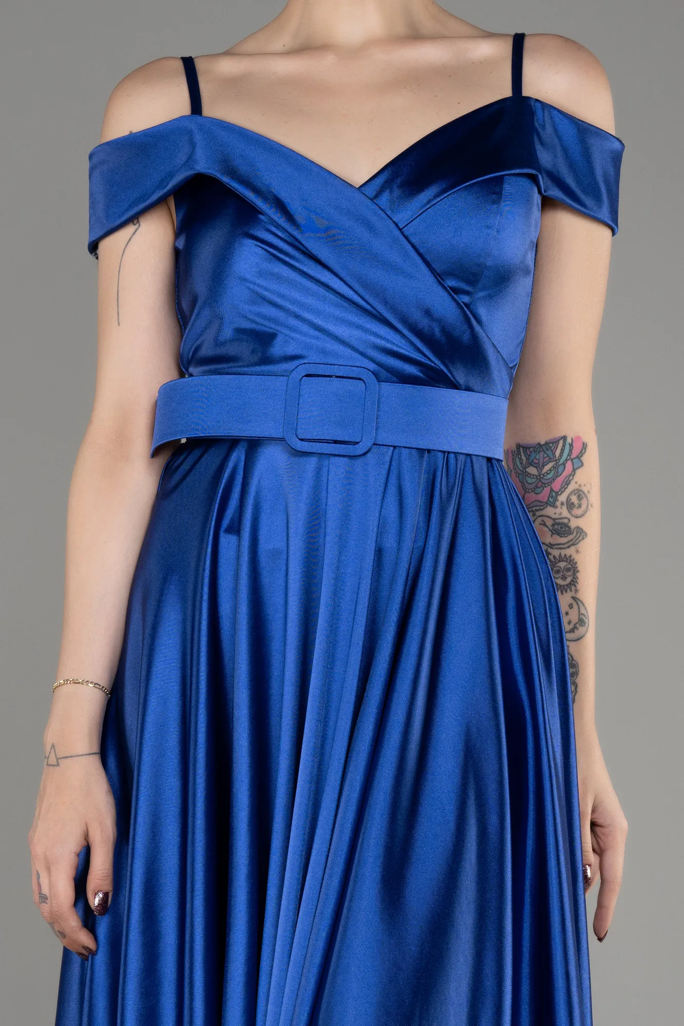 Sax Blue-Midi Cocktail Satin Dress ABK2080