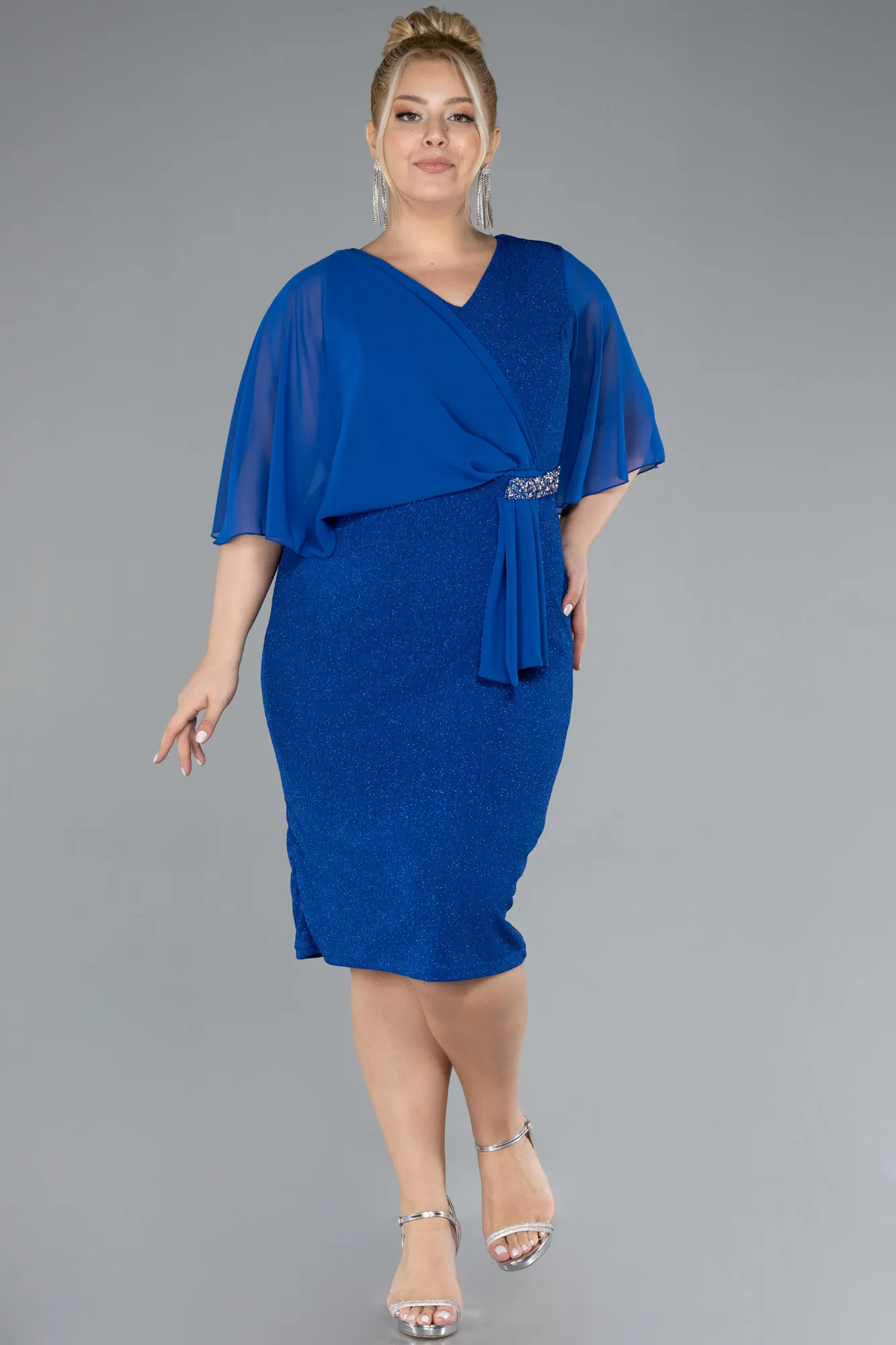 Sax Blue-Midi Plus Size Evening Dress ABK1567