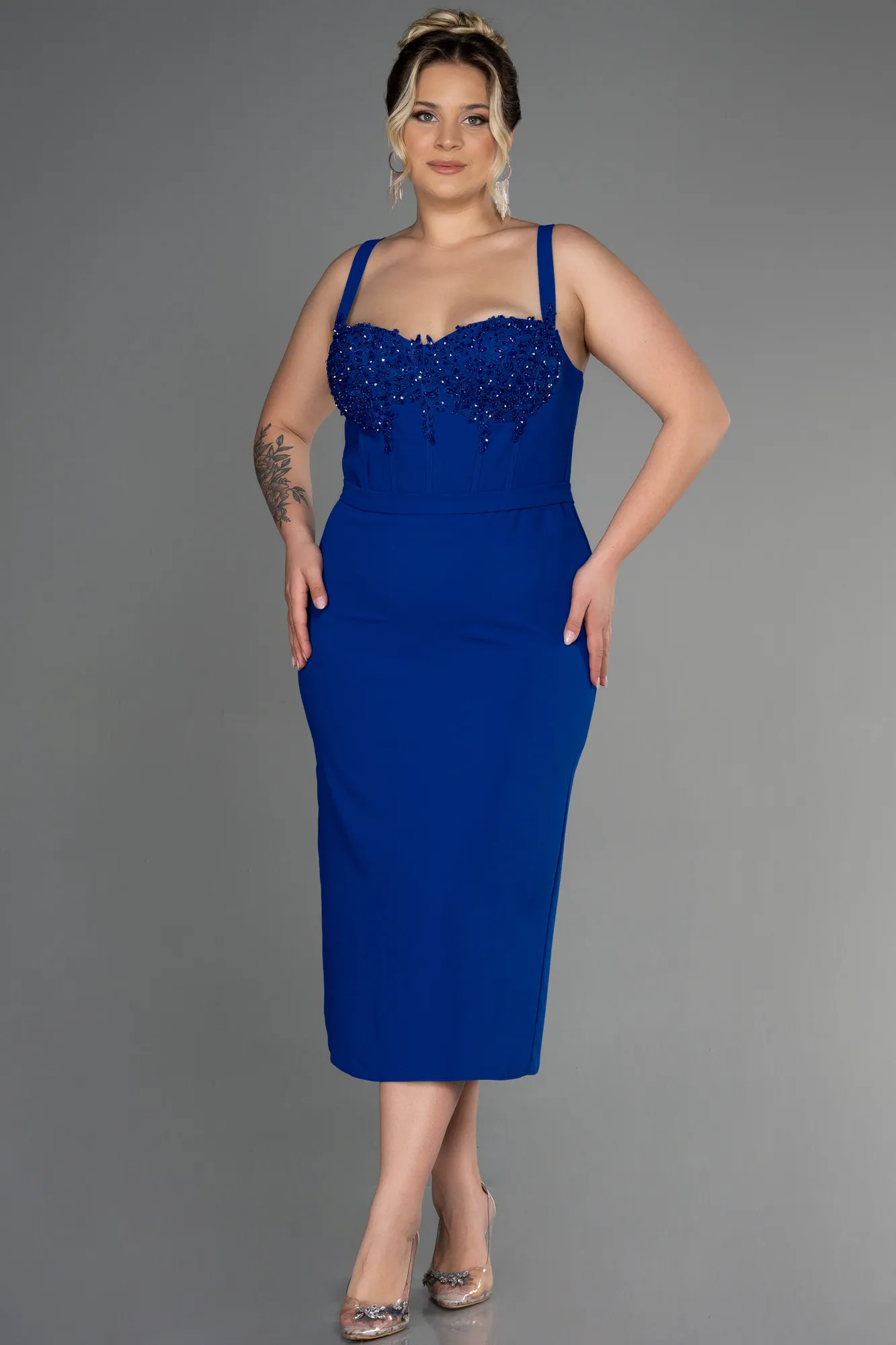 Sax Blue-Midi Plus Size Invitation Dress ABK1882