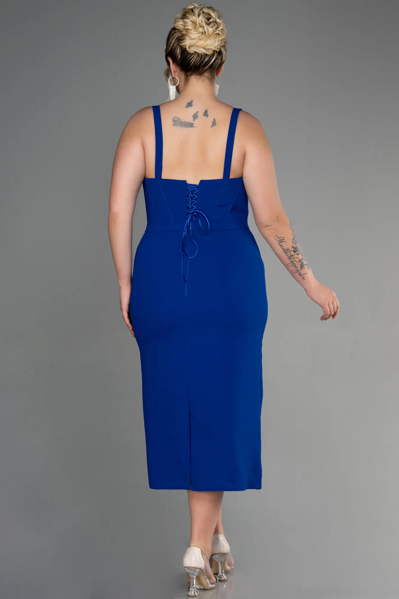 Sax Blue-Midi Plus Size Invitation Dress ABK1882
