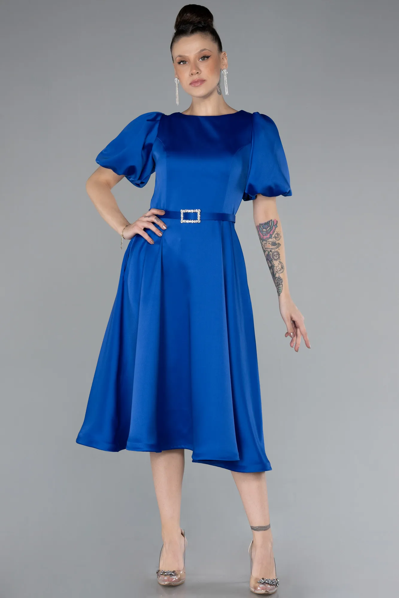 Sax Blue-Midi Satin Invitation Dress ABK1263