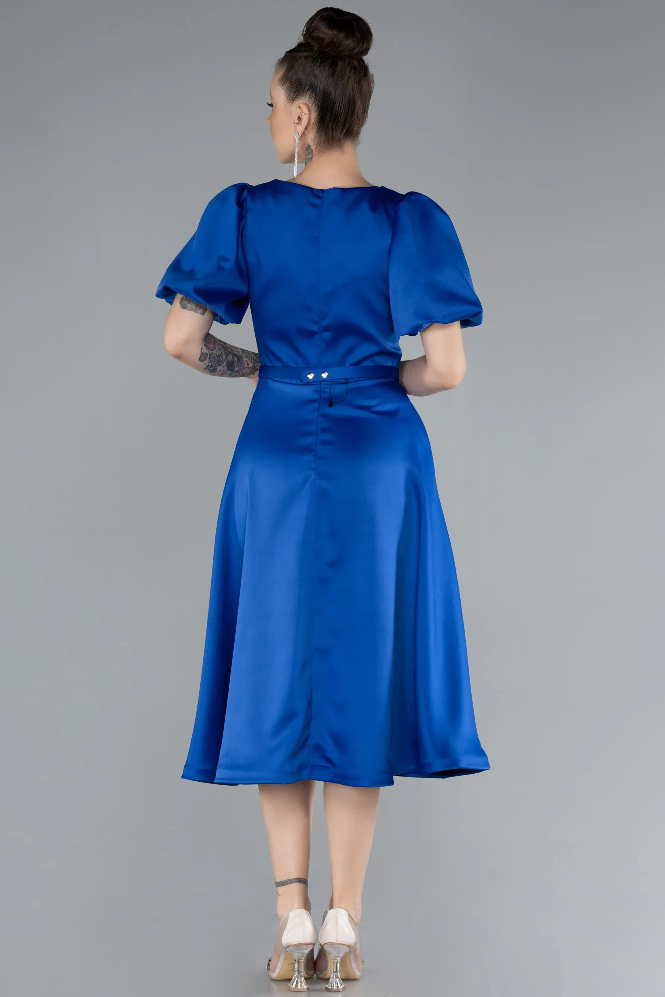 Sax Blue-Midi Satin Invitation Dress ABK1263