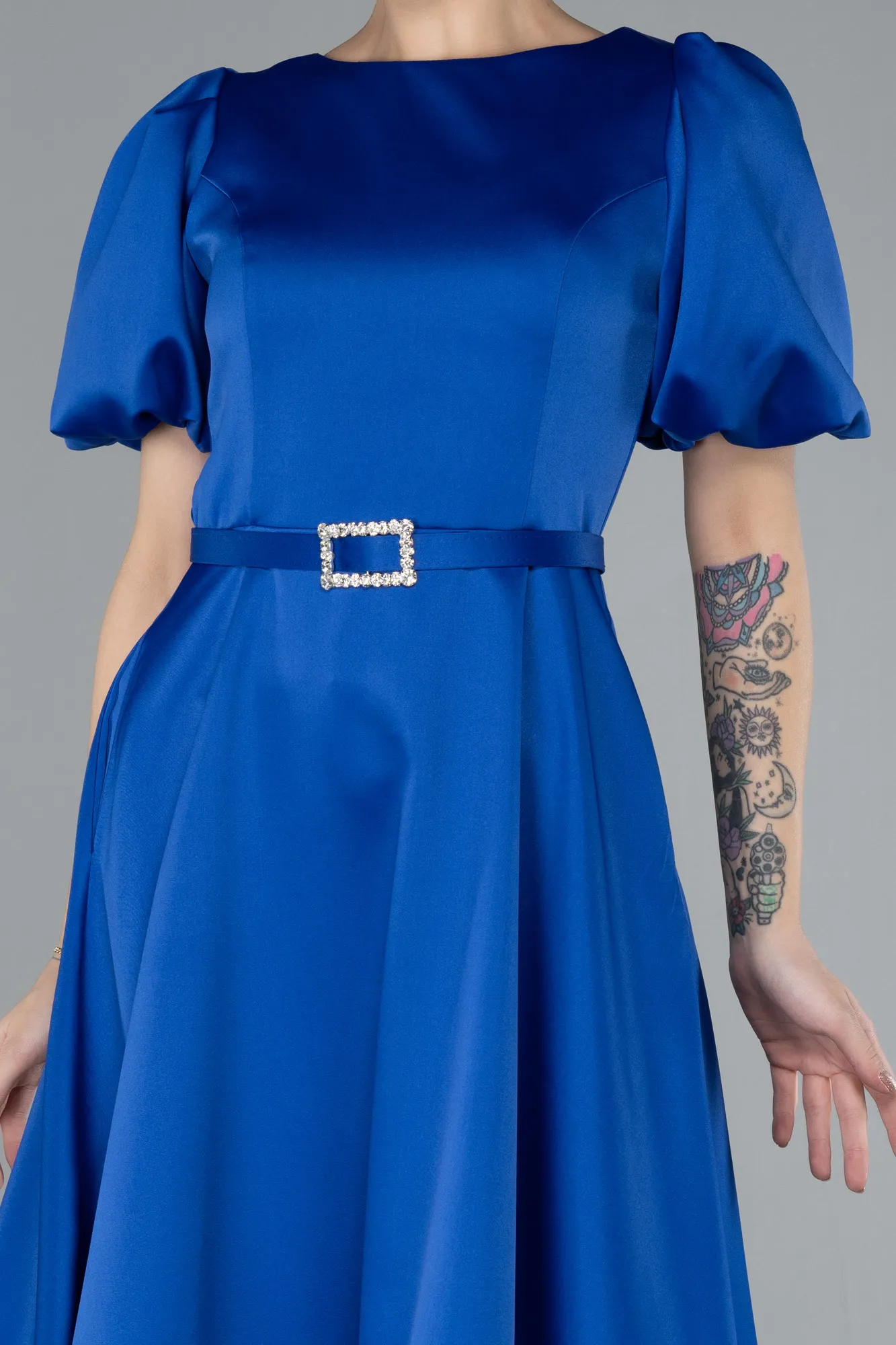 Sax Blue-Midi Satin Invitation Dress ABK1263