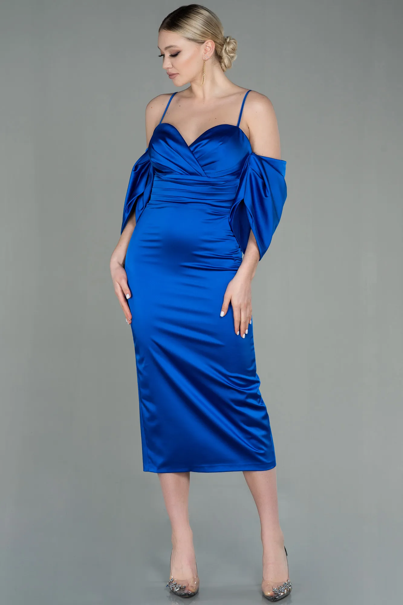 Sax Blue-Midi Satin Invitation Dress ABK1676