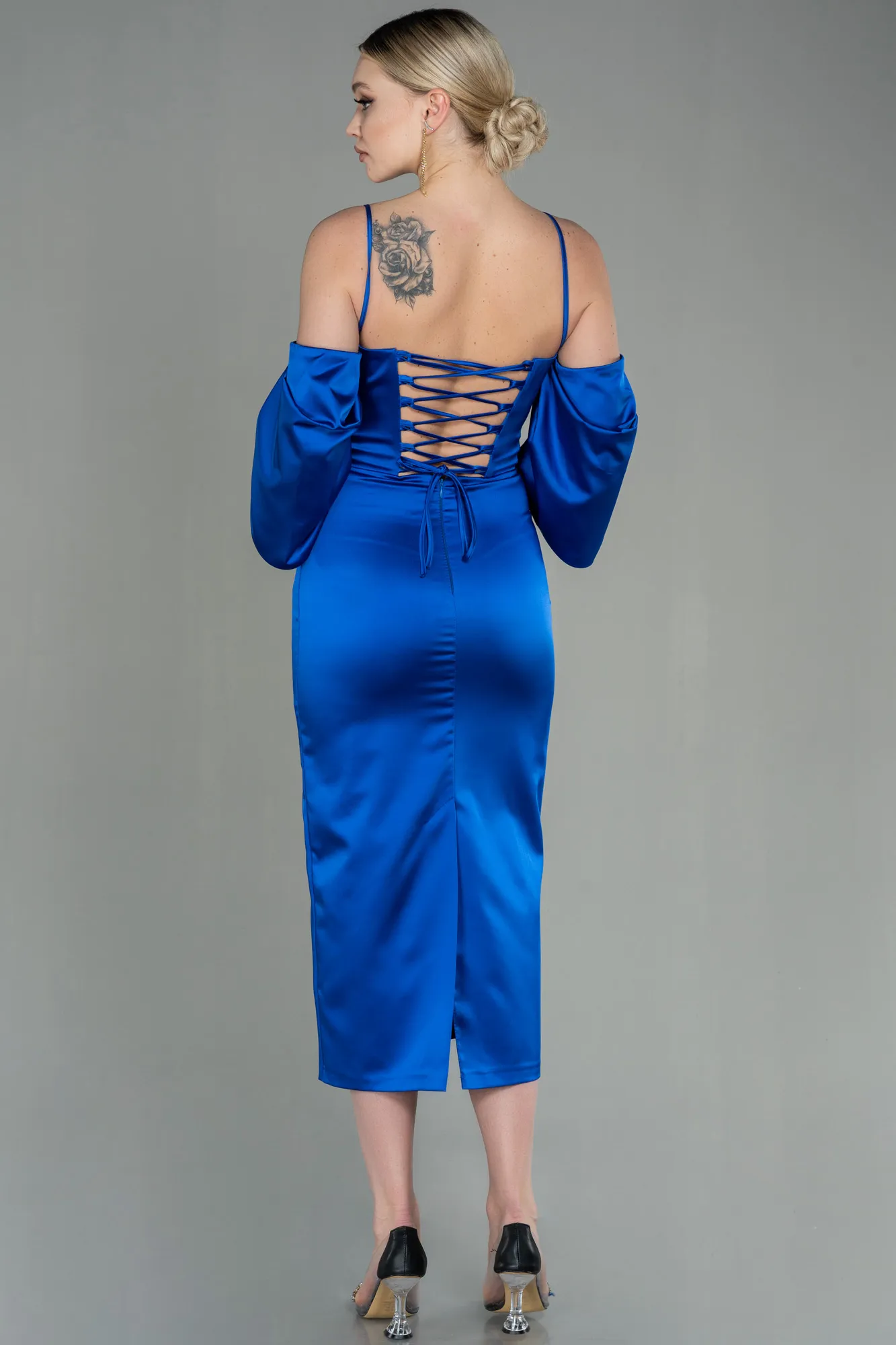 Sax Blue-Midi Satin Invitation Dress ABK1676