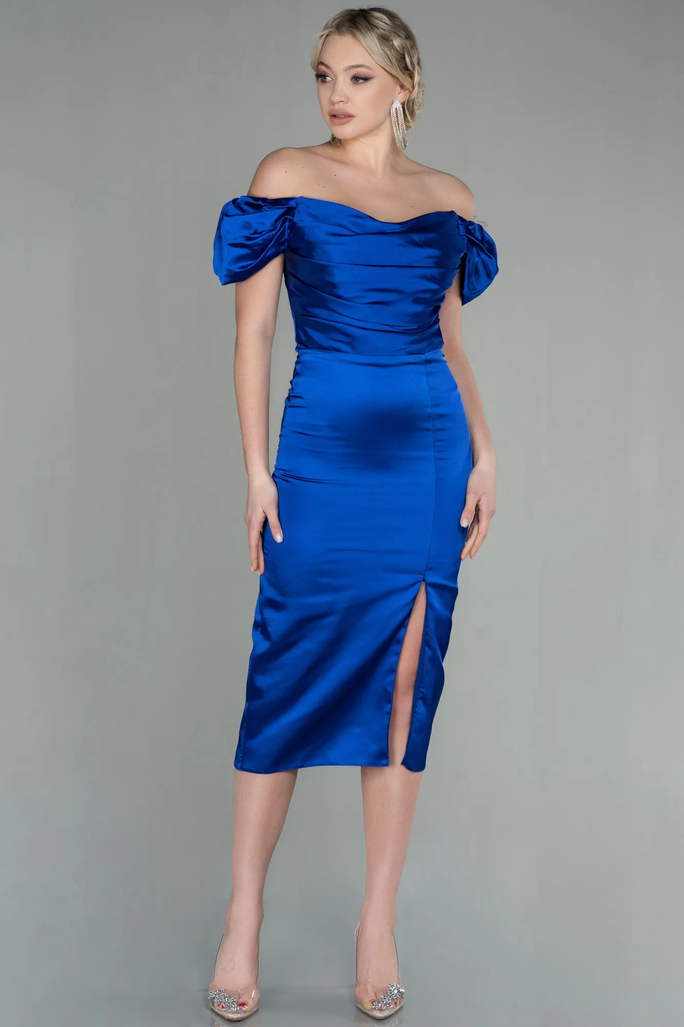 Sax Blue-Midi Satin Night Dress ABK1601