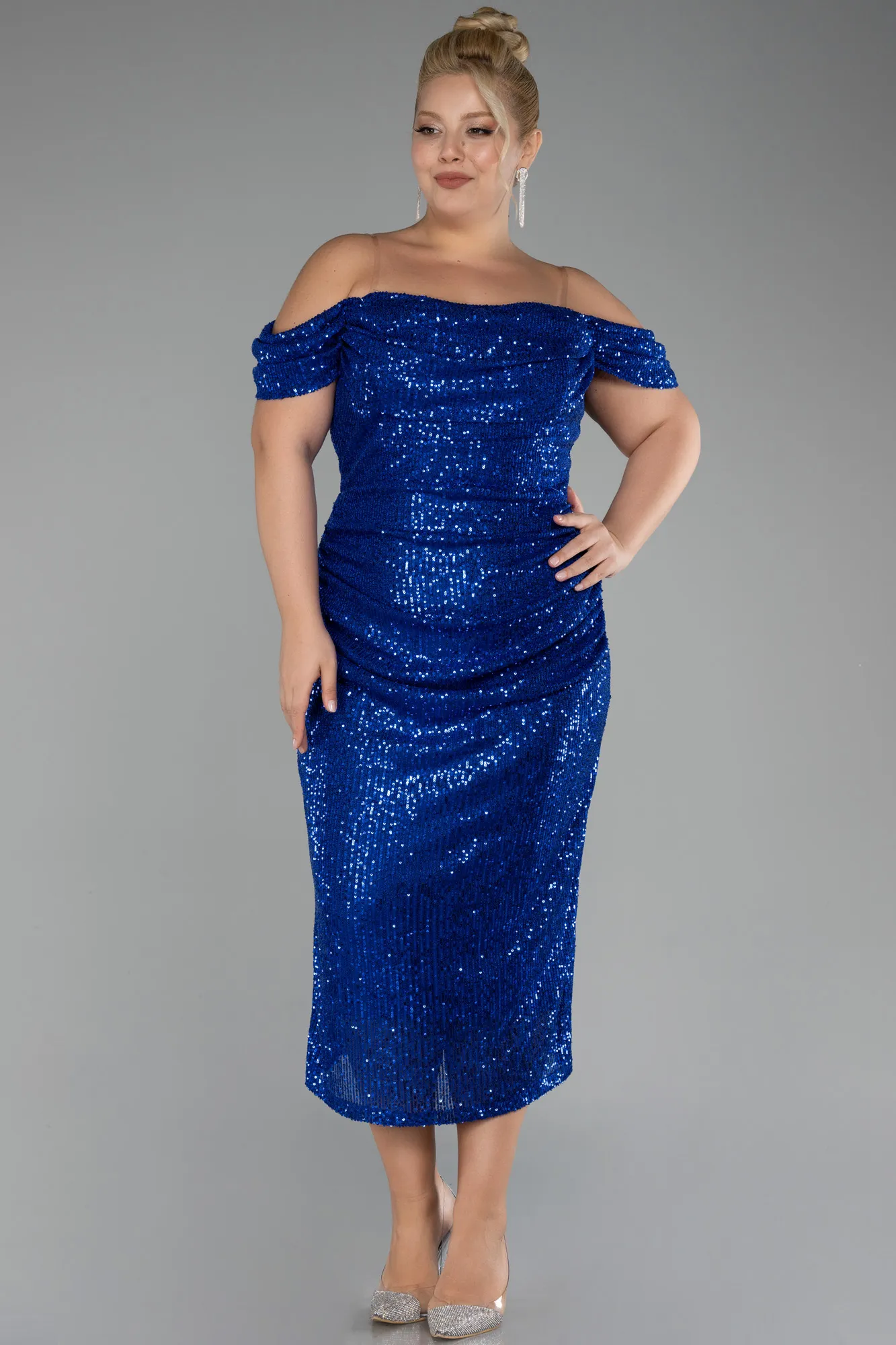 Sax Blue-Off Shoulder Midi Sequined Plus Size Evening Dress ABK2056