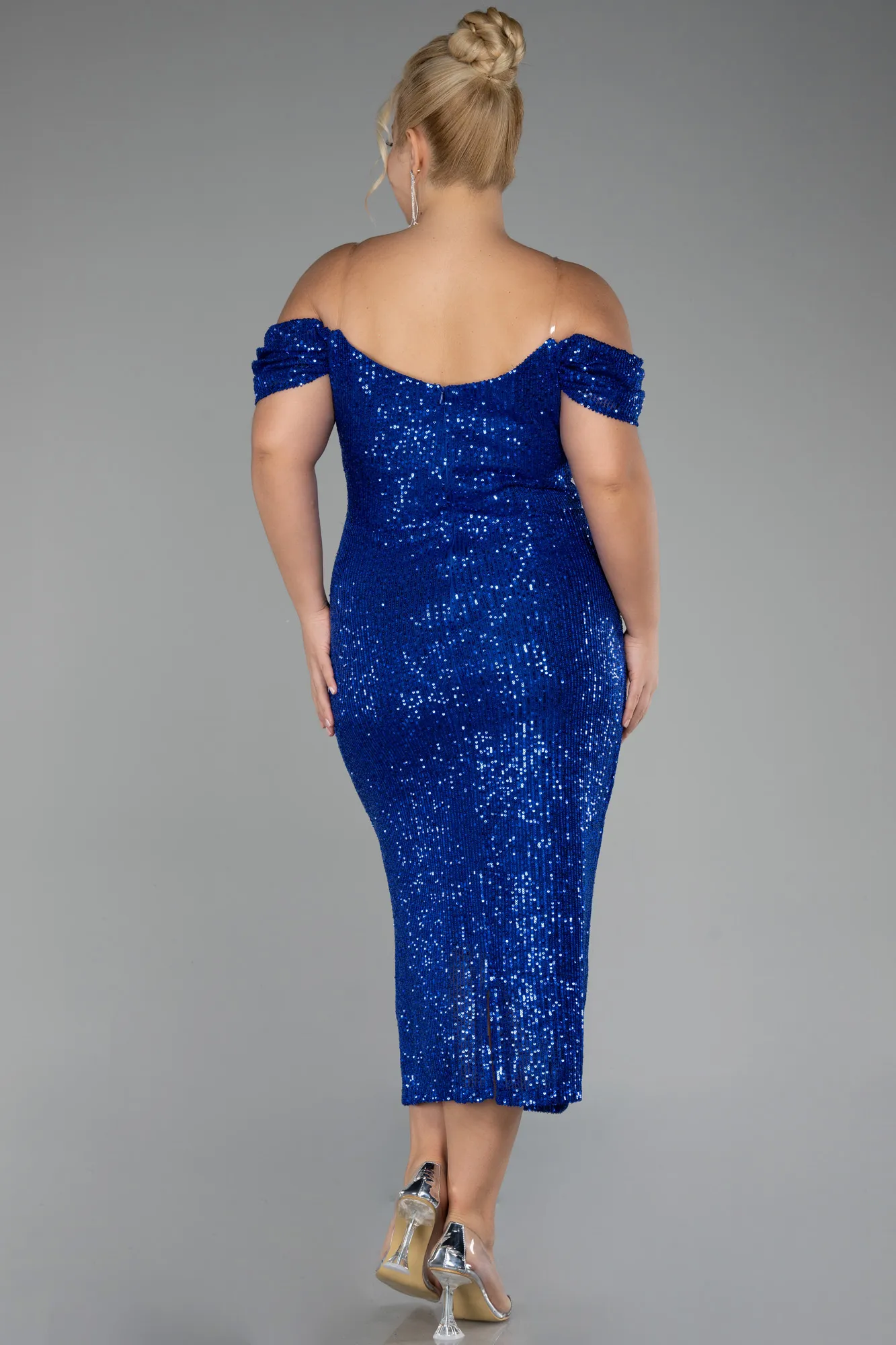 Sax Blue-Off Shoulder Midi Sequined Plus Size Evening Dress ABK2056