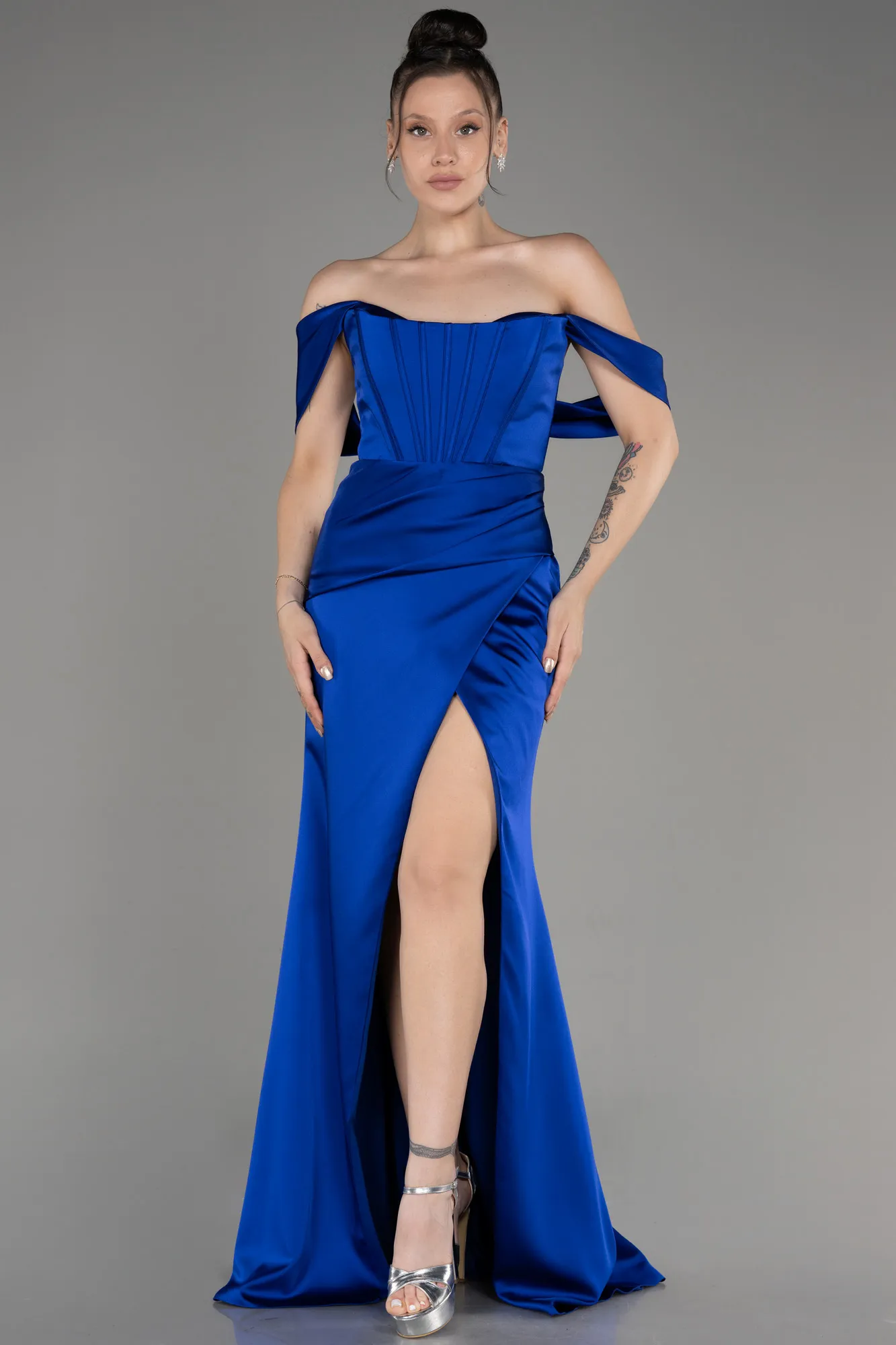 Sax Blue-Off Shoulder Slit Satin Prom Dress ABU3964