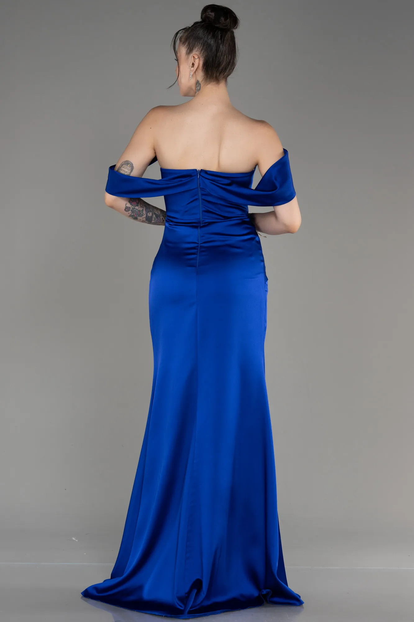 Sax Blue-Off Shoulder Slit Satin Prom Dress ABU3964