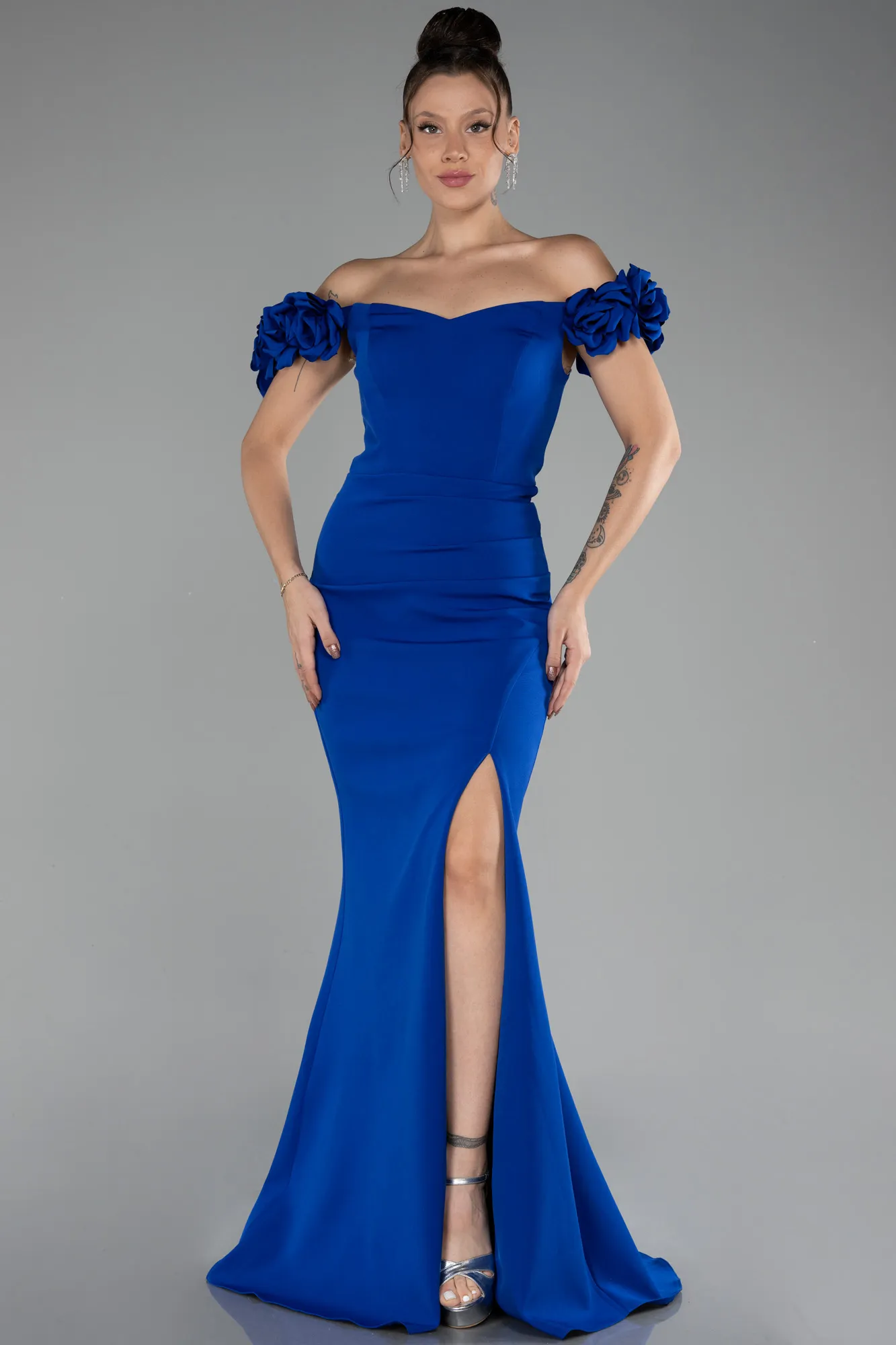 Sax Blue-Off The Shoulder Long Mermaid Evening Gown ABU4176