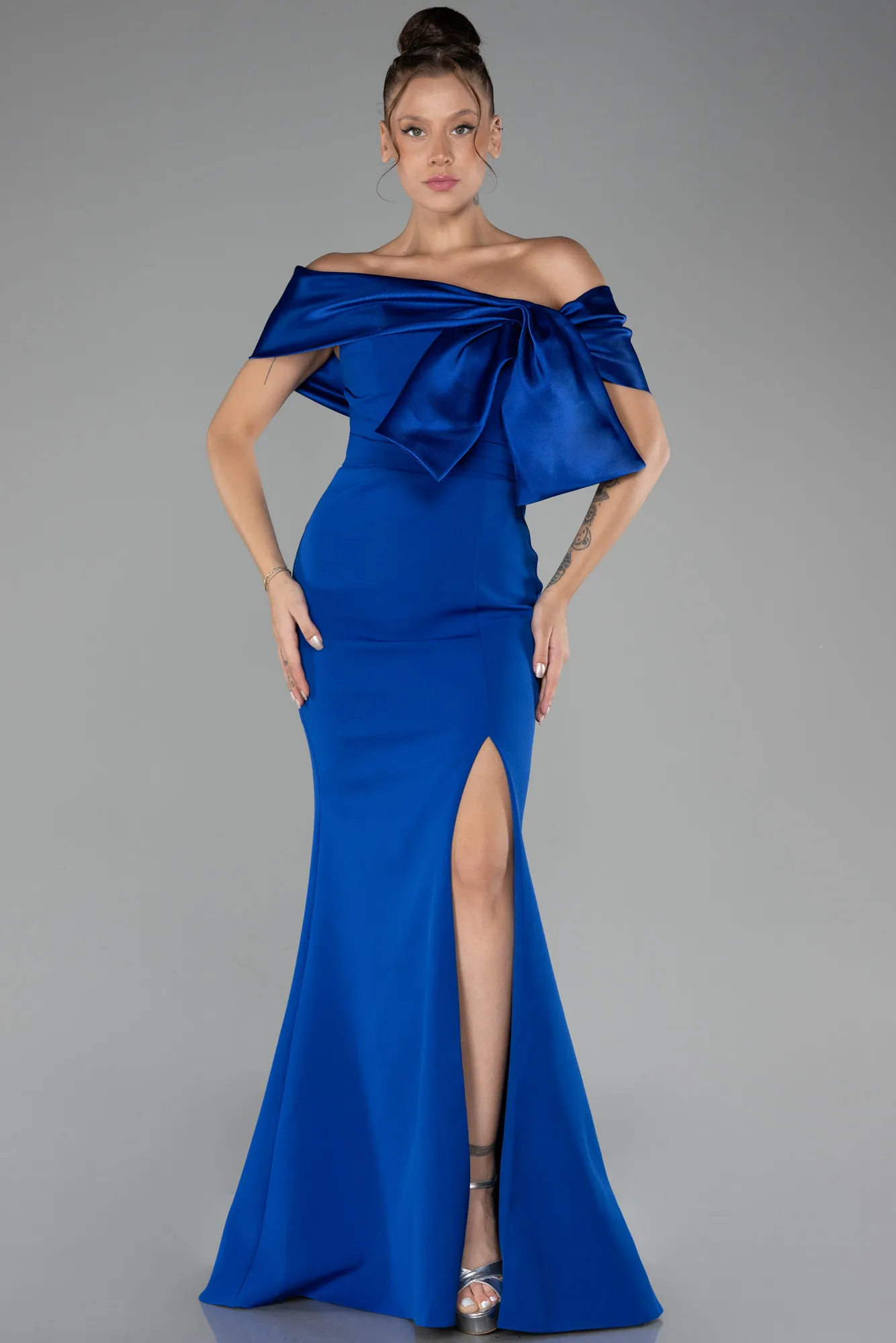 Sax Blue-Off The Shoulder Slit Long Mermaid Evening Gown ABU4296