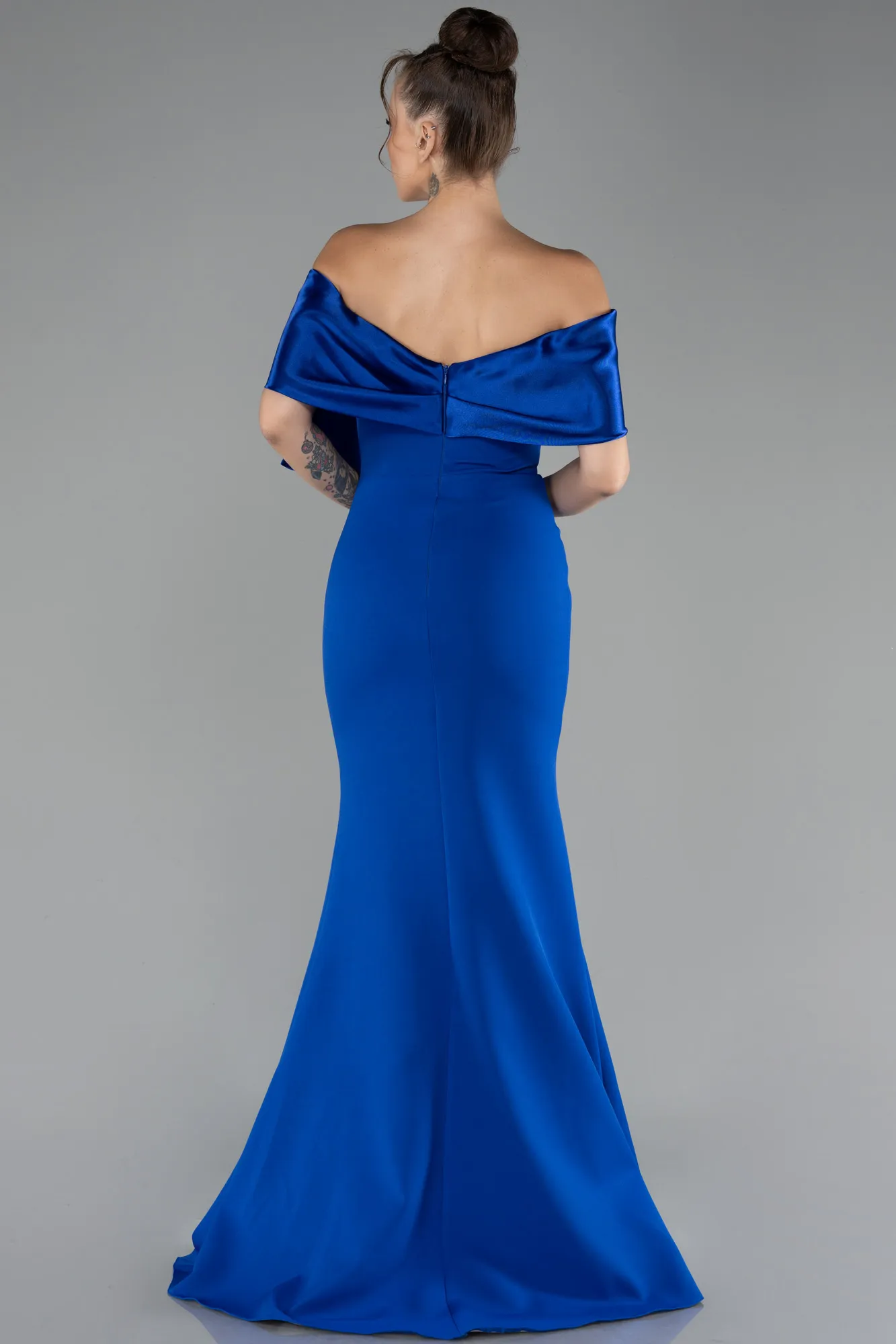 Sax Blue-Off The Shoulder Slit Long Mermaid Evening Gown ABU4296