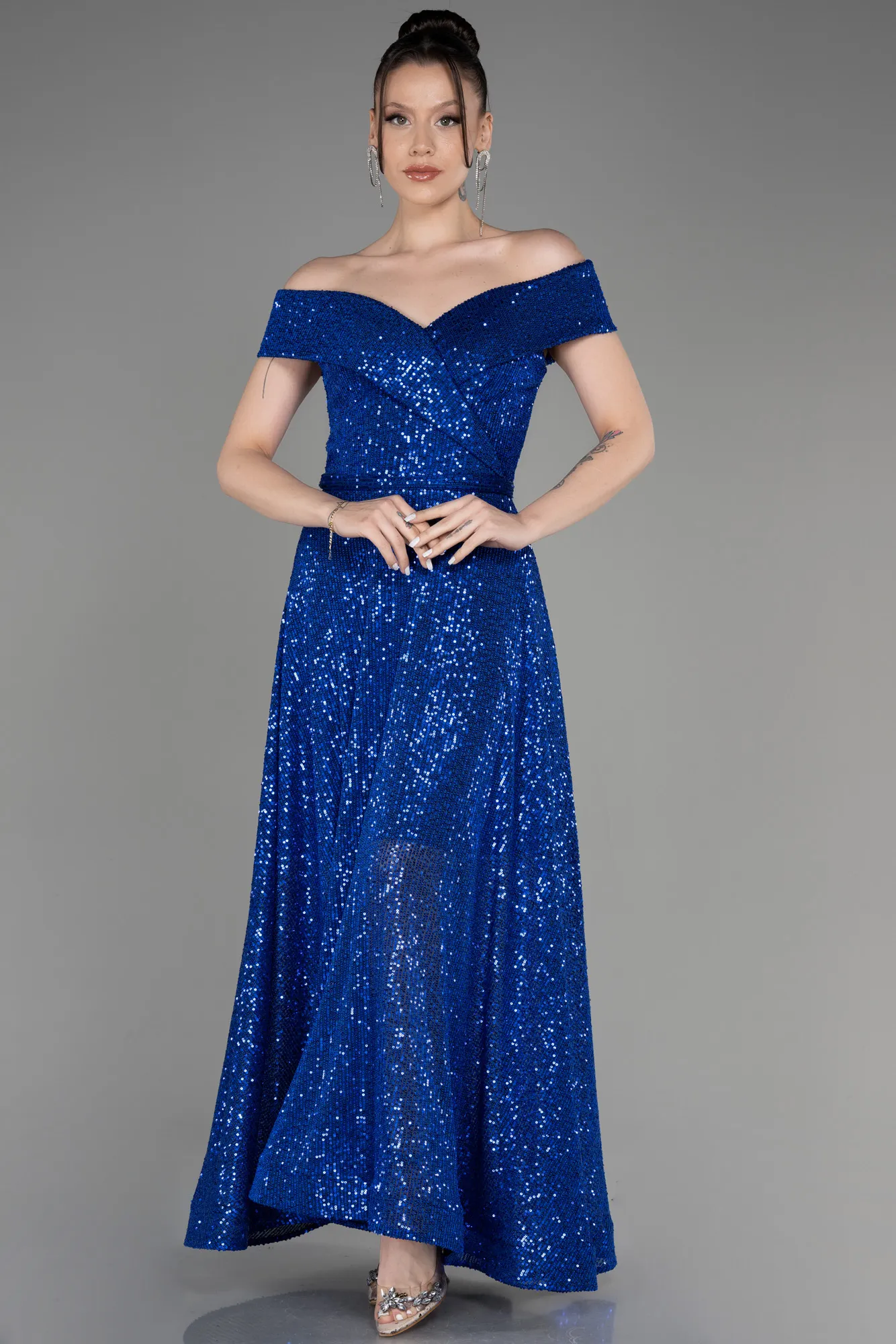 Sax Blue-Off The Soulder Scaly Midi Evening Dress ABK2048