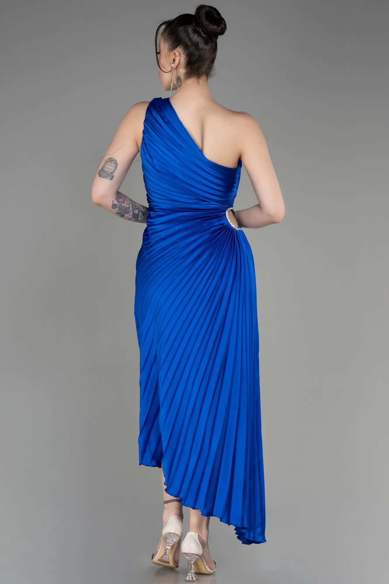 Sax Blue-One Shoulder Midi Satin Cocktail Dress ABK2046