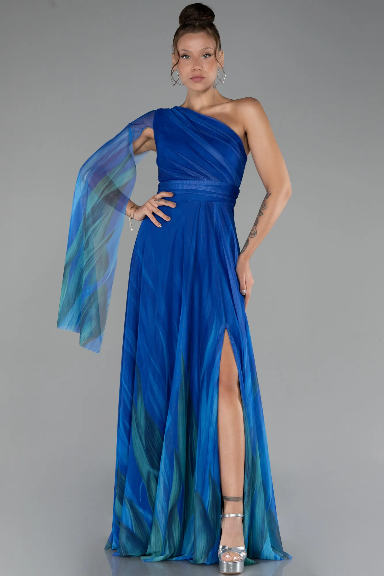 Sax Blue-One Shoulder Patterned Long Prom Dress ABU4279