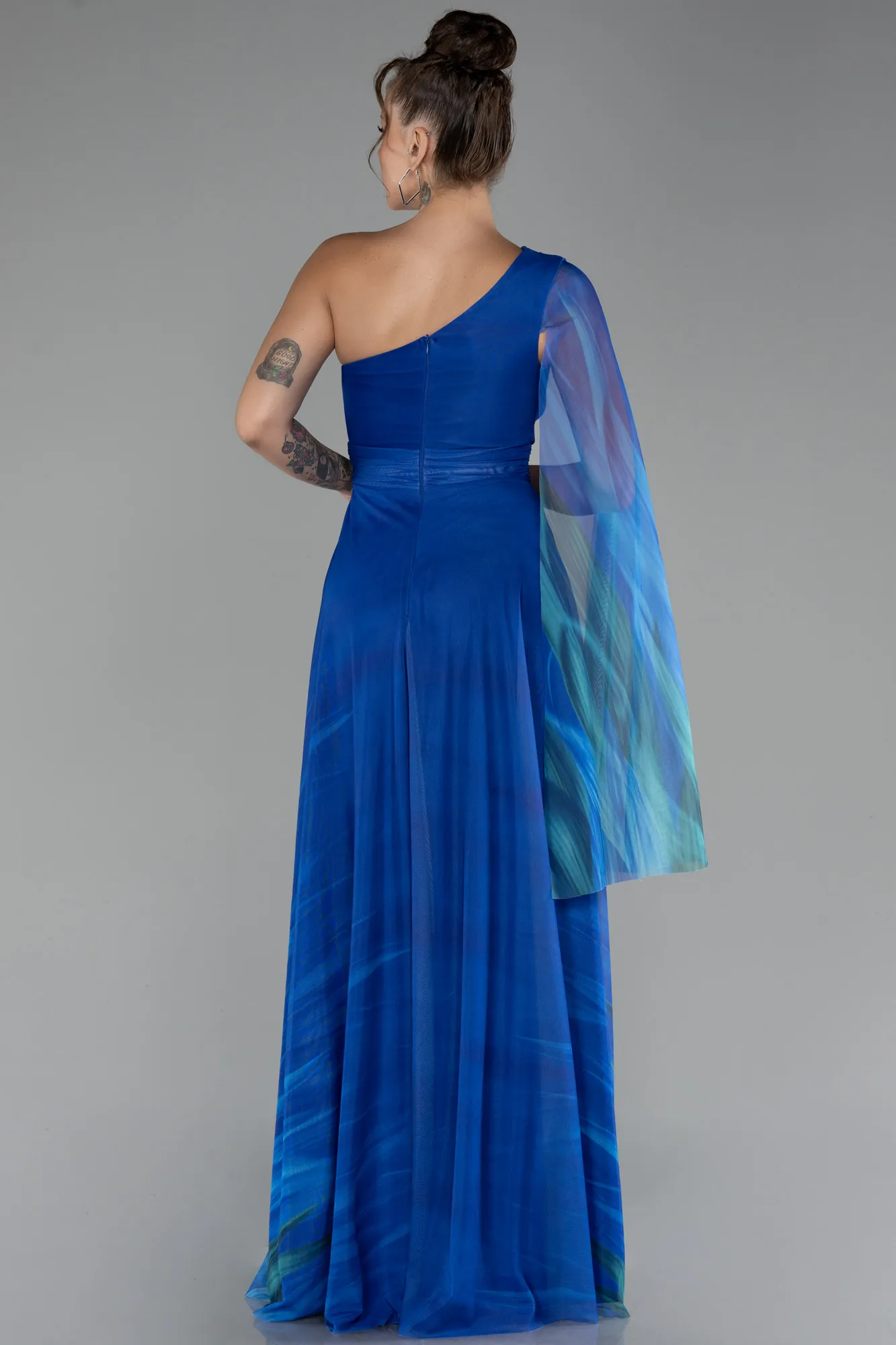 Sax Blue-One Shoulder Patterned Long Prom Dress ABU4279