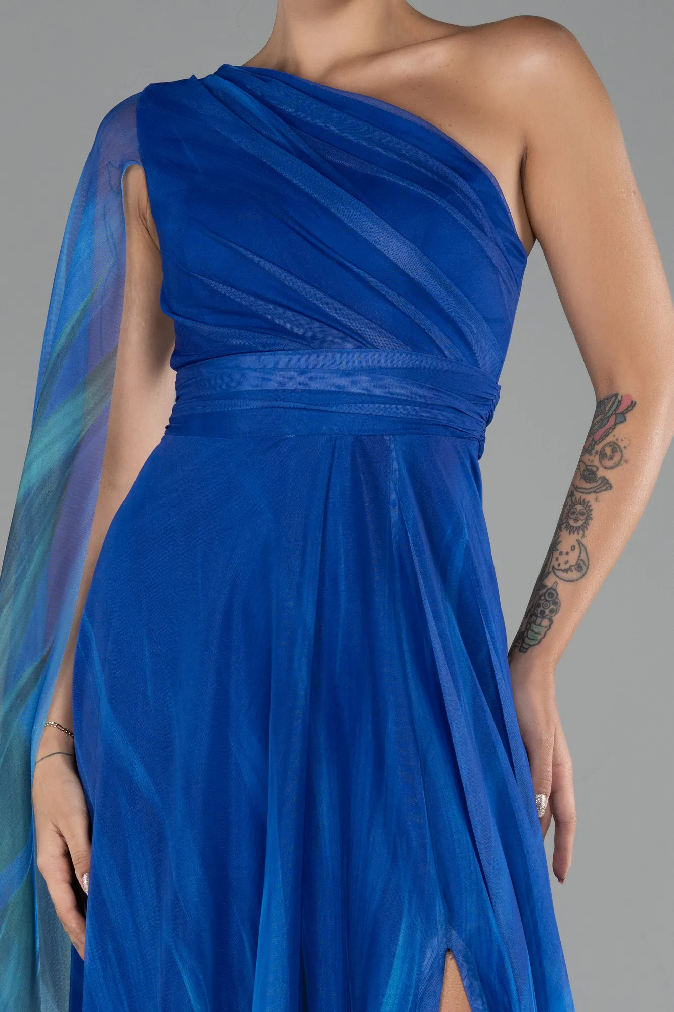 Sax Blue-One Shoulder Patterned Long Prom Dress ABU4279