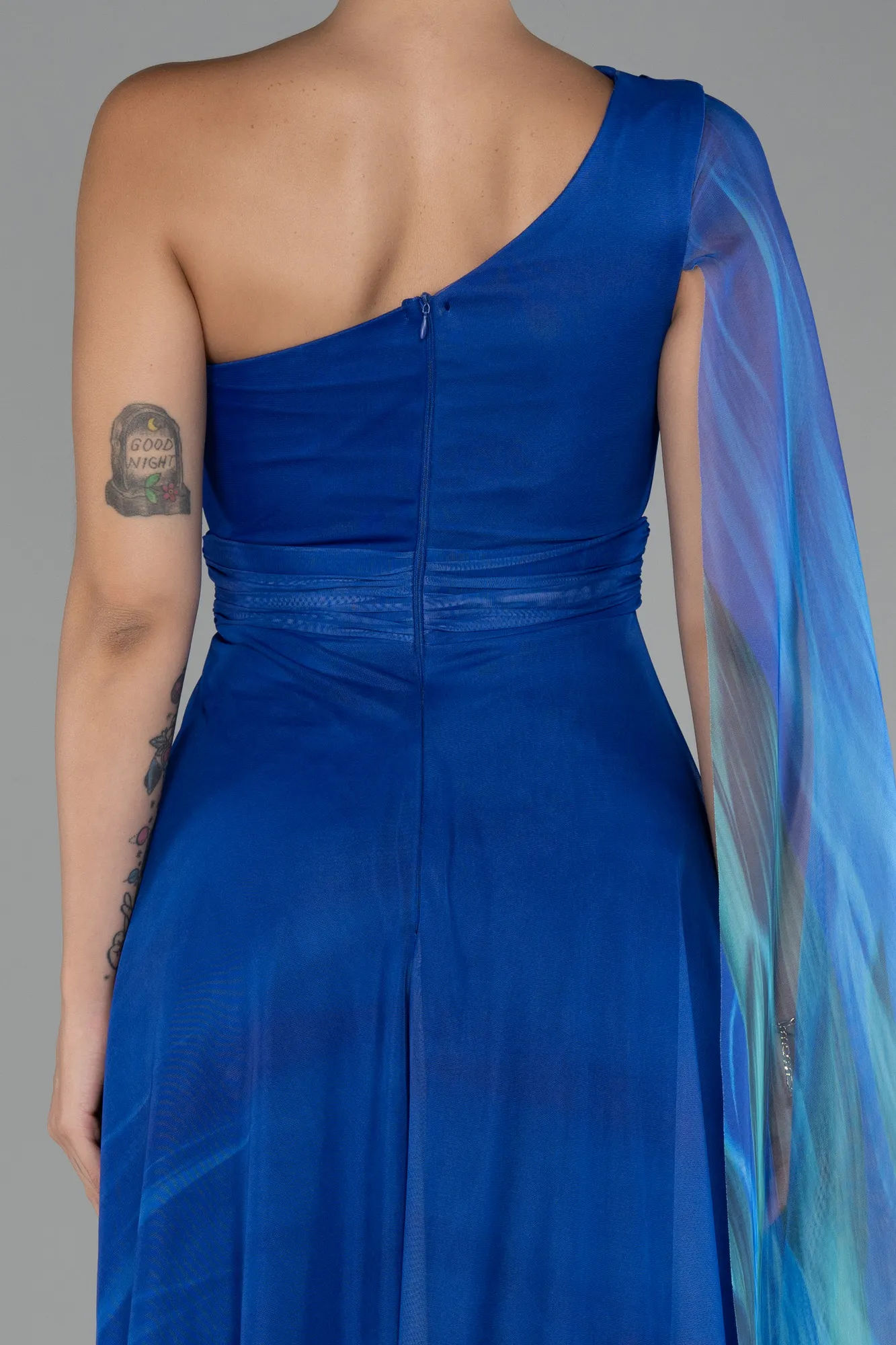 Sax Blue-One Shoulder Patterned Long Prom Dress ABU4279