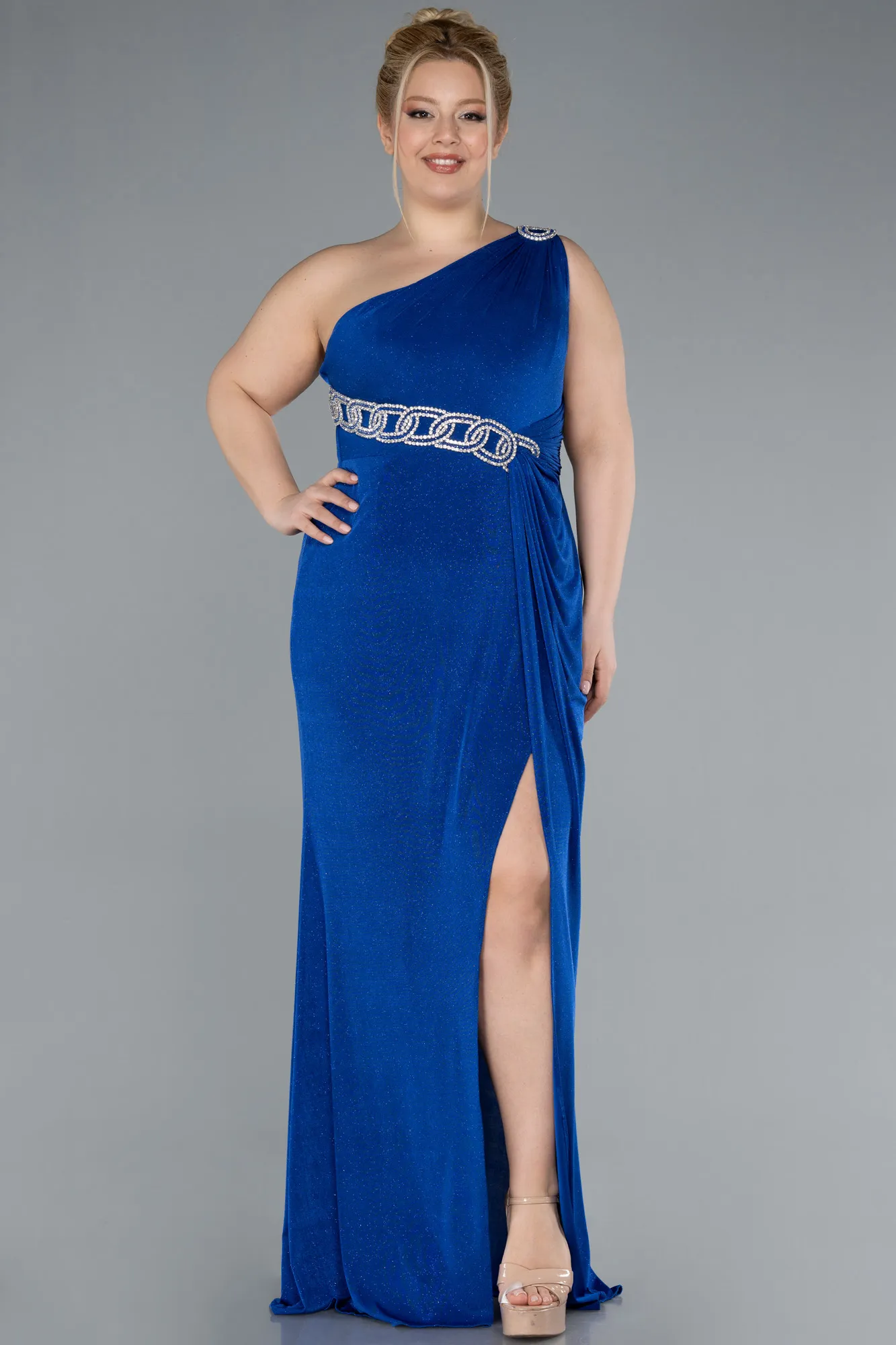 Sax Blue-One Shoulder Slit Glittered Long Plus Size Prom Dress ABU4601