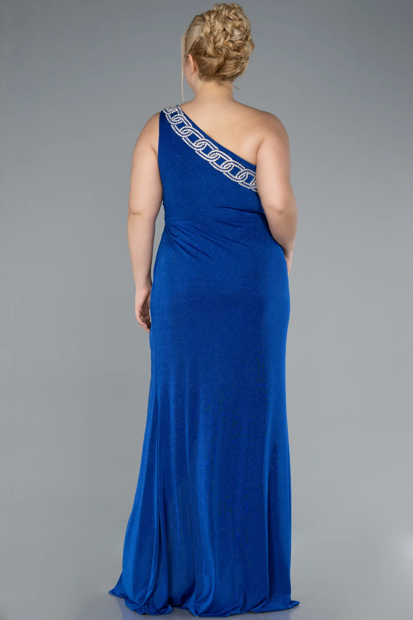 Sax Blue-One Shoulder Slit Glittered Long Plus Size Prom Dress ABU4601