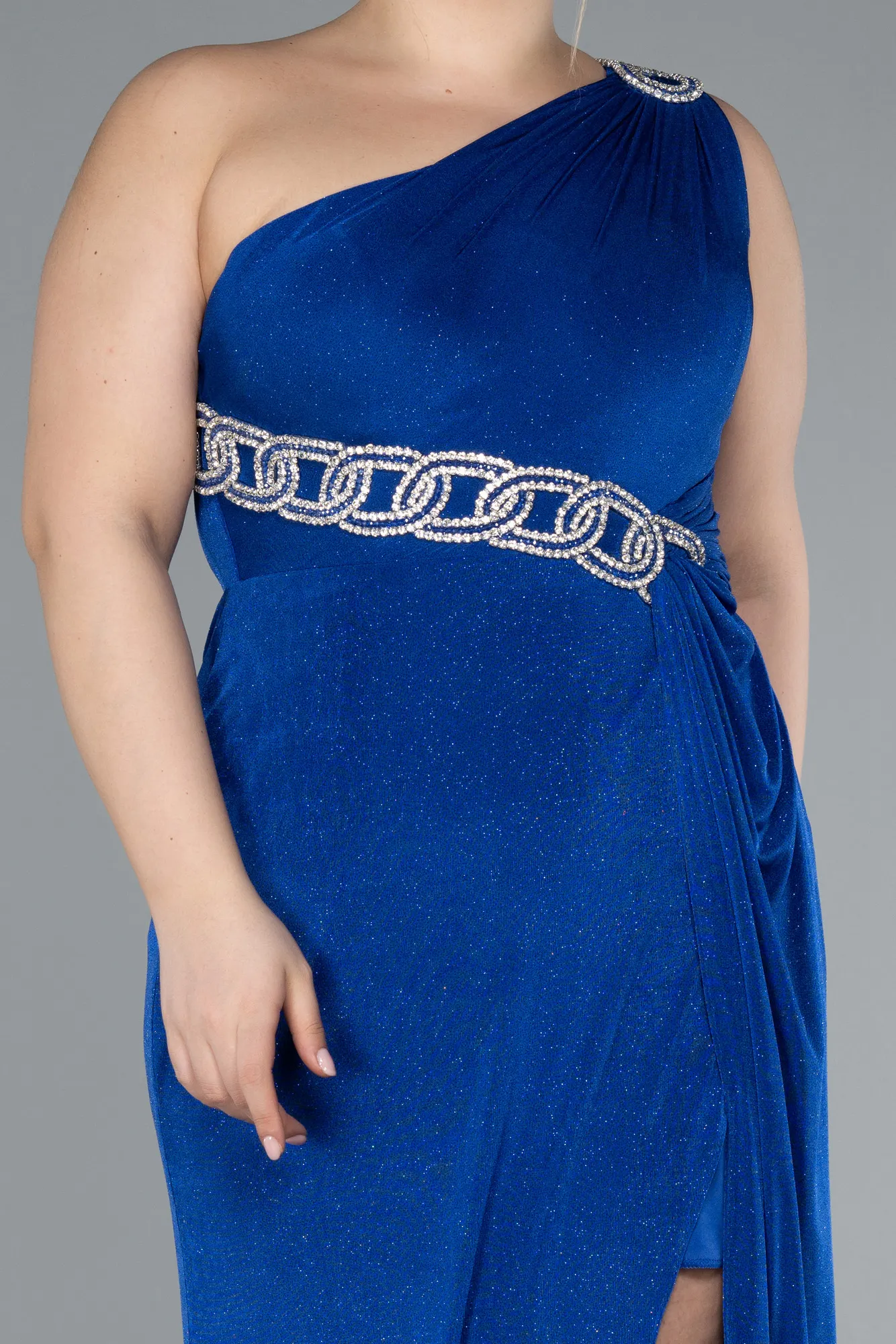 Sax Blue-One Shoulder Slit Glittered Long Plus Size Prom Dress ABU4601