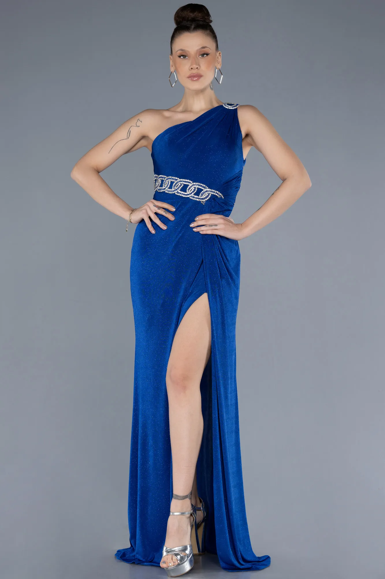 Sax Blue-One Shoulder Slit Glittered Long Prom Dress ABU4599