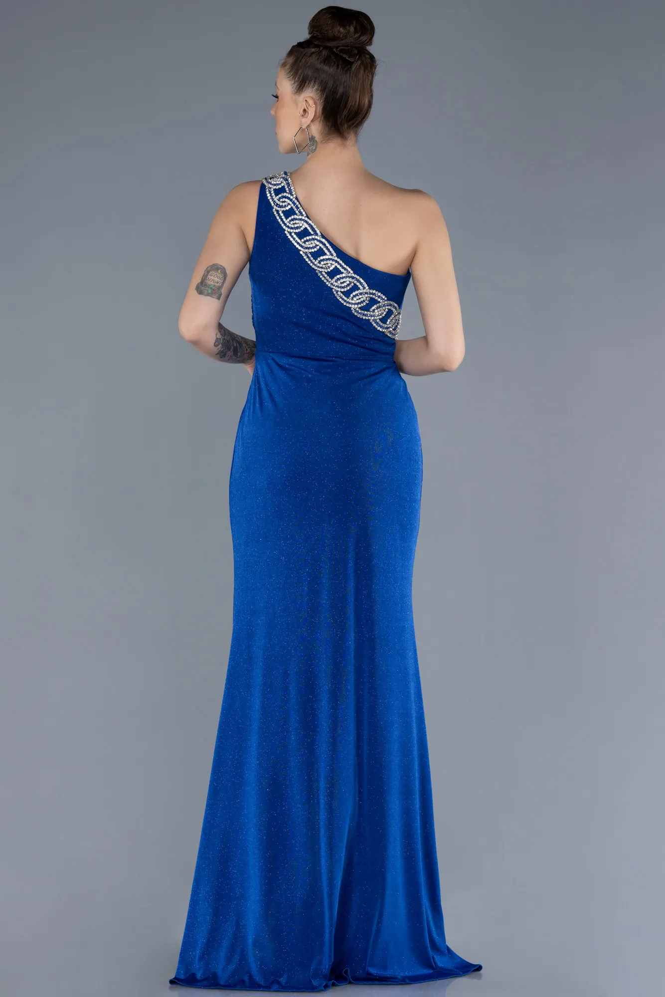 Sax Blue-One Shoulder Slit Glittered Long Prom Dress ABU4599