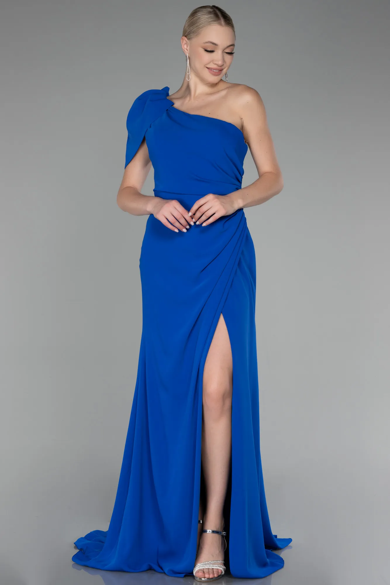 Sax Blue-One Shoulder Slit Long Chiffon Prom Dress ABU4091