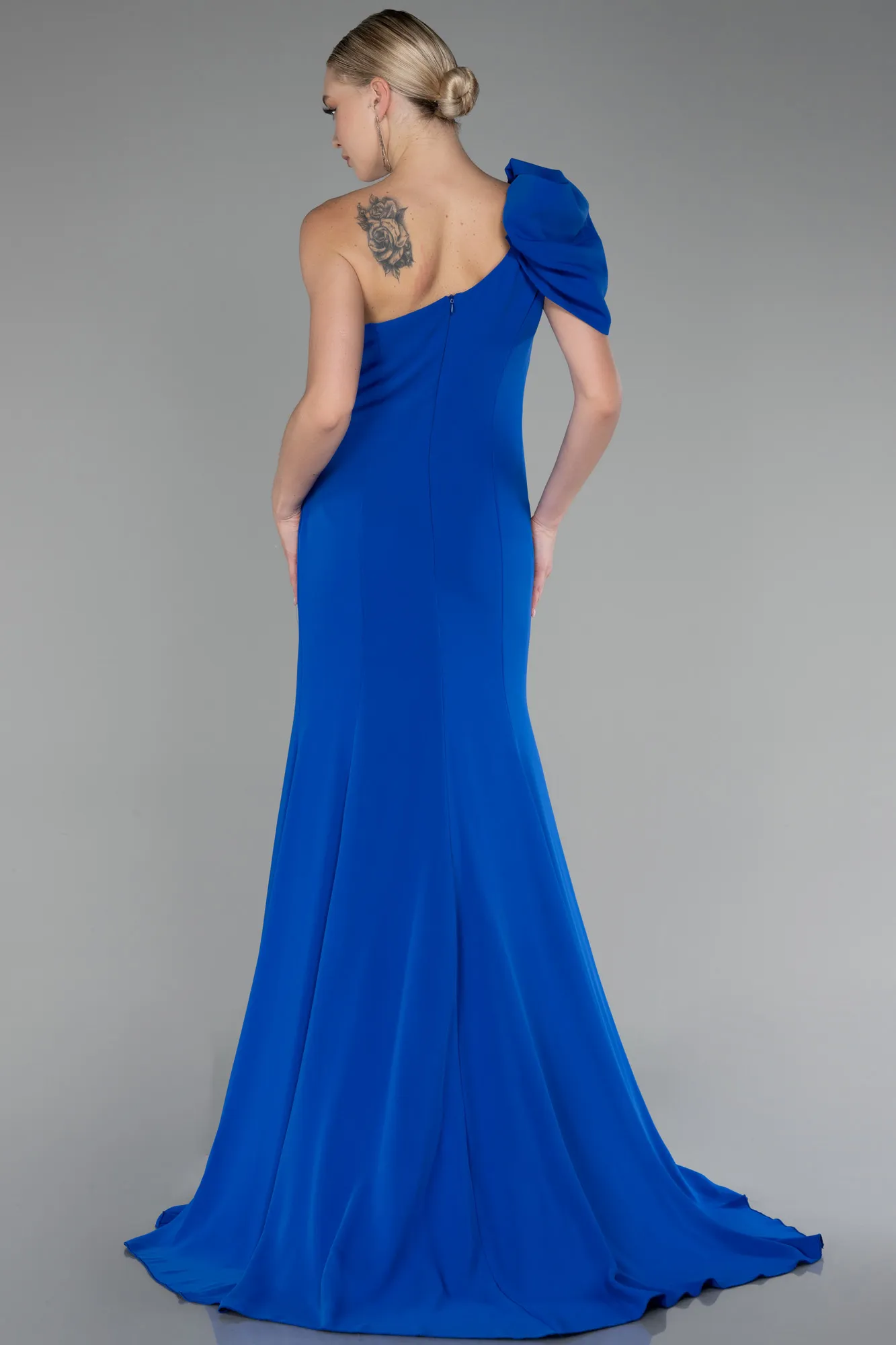 Sax Blue-One Shoulder Slit Long Chiffon Prom Dress ABU4091