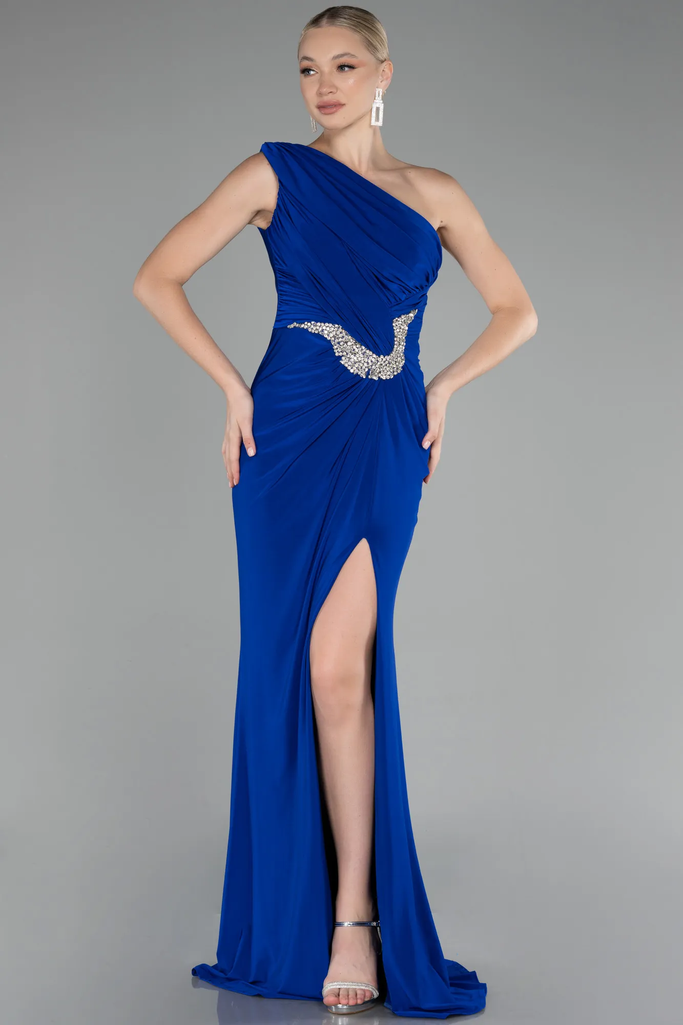 Sax Blue-One Shoulder Slit Long Evening Dress ABU4116