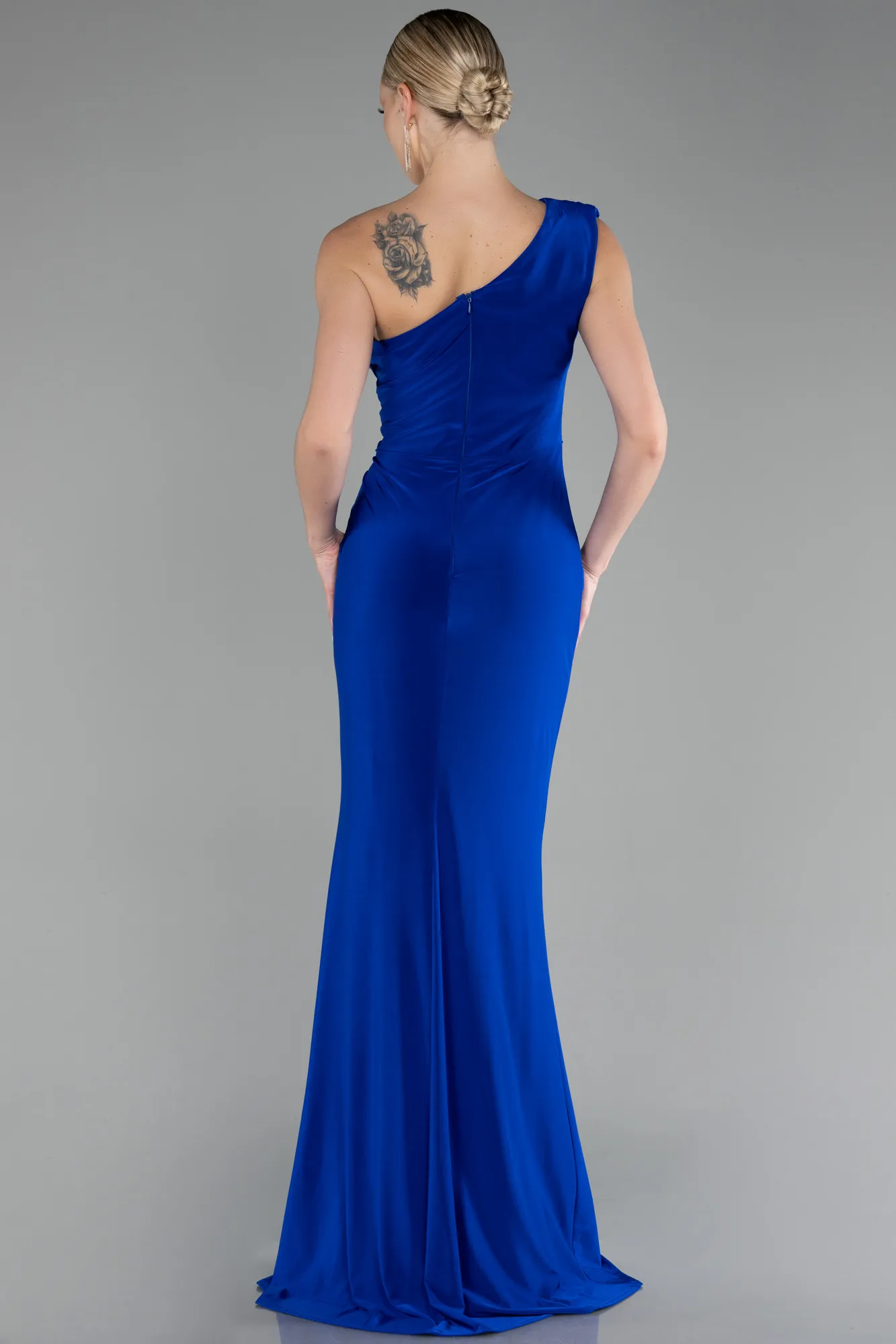 Sax Blue-One Shoulder Slit Long Evening Dress ABU4116