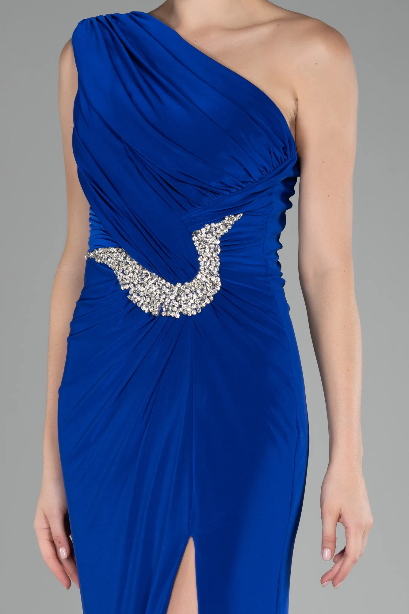 Sax Blue-One Shoulder Slit Long Evening Dress ABU4116