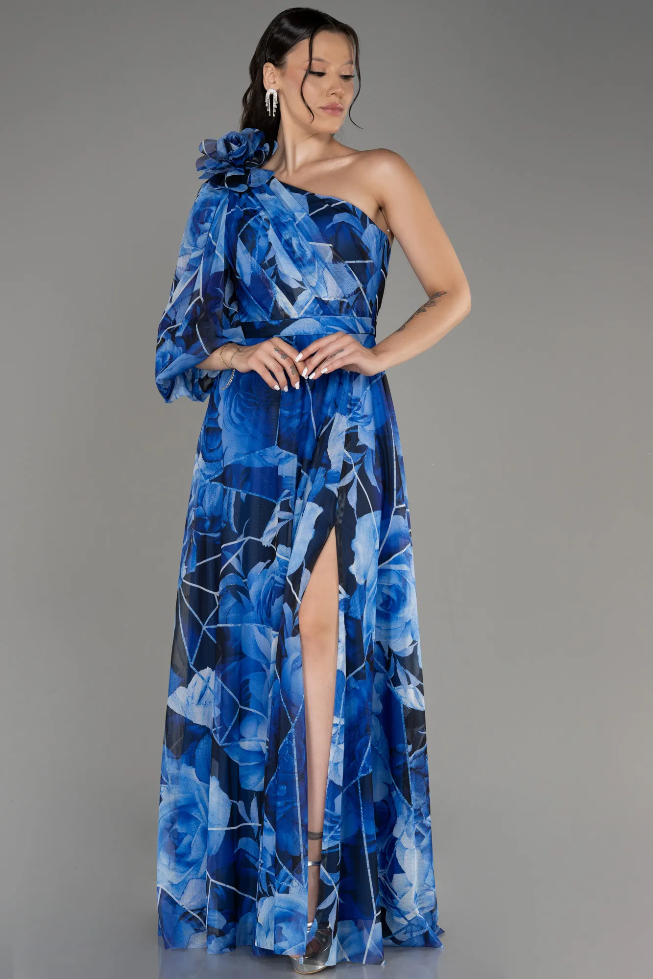 Sax Blue-One Shoulder Slit Long Printed Evening Dress ABU3951