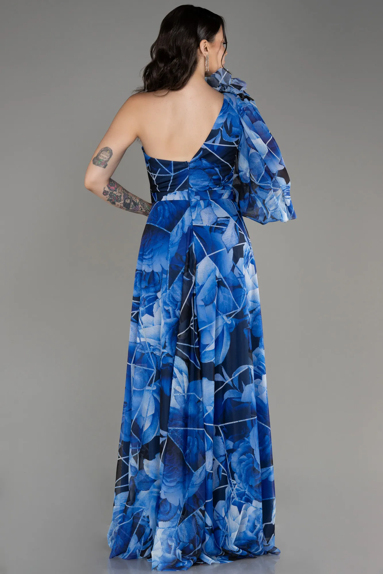 Sax Blue-One Shoulder Slit Long Printed Evening Dress ABU3951