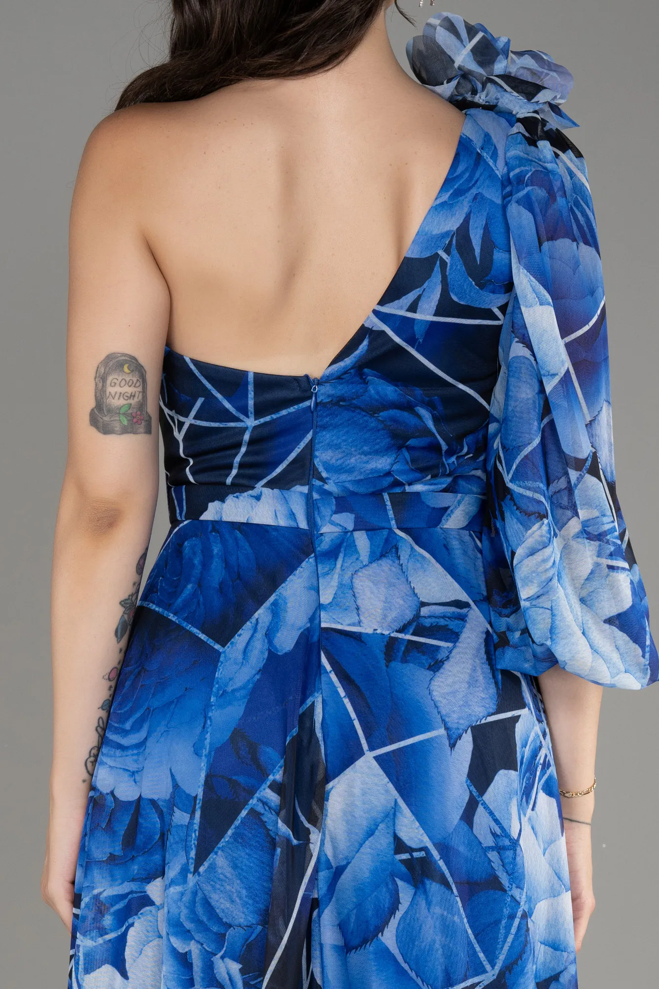 Sax Blue-One Shoulder Slit Long Printed Evening Dress ABU3951