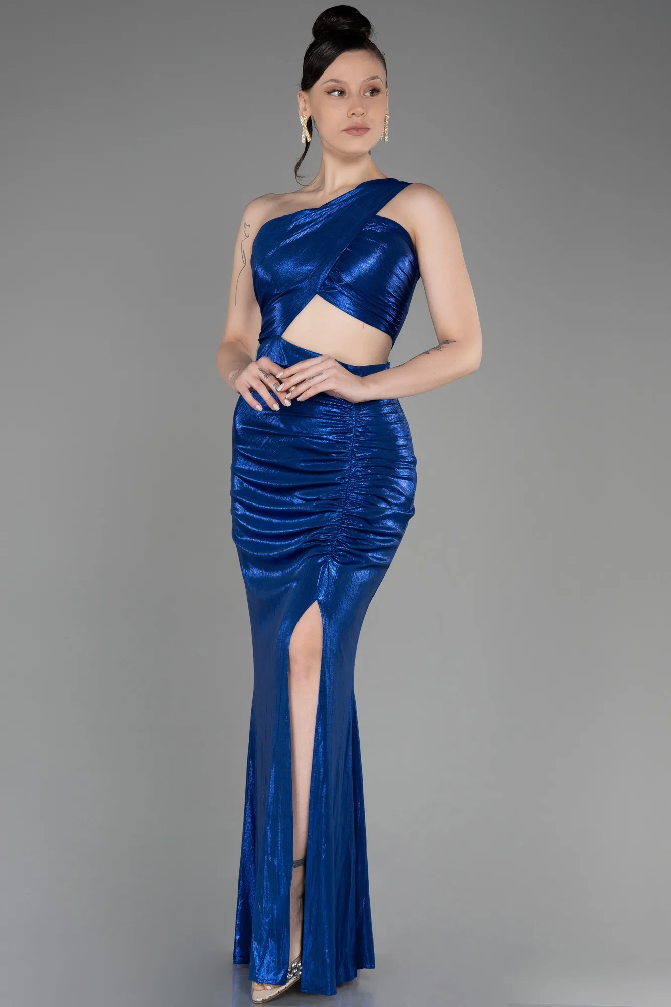 Sax Blue-One-Shoulder Slit Long Prom Dress ABU3848
