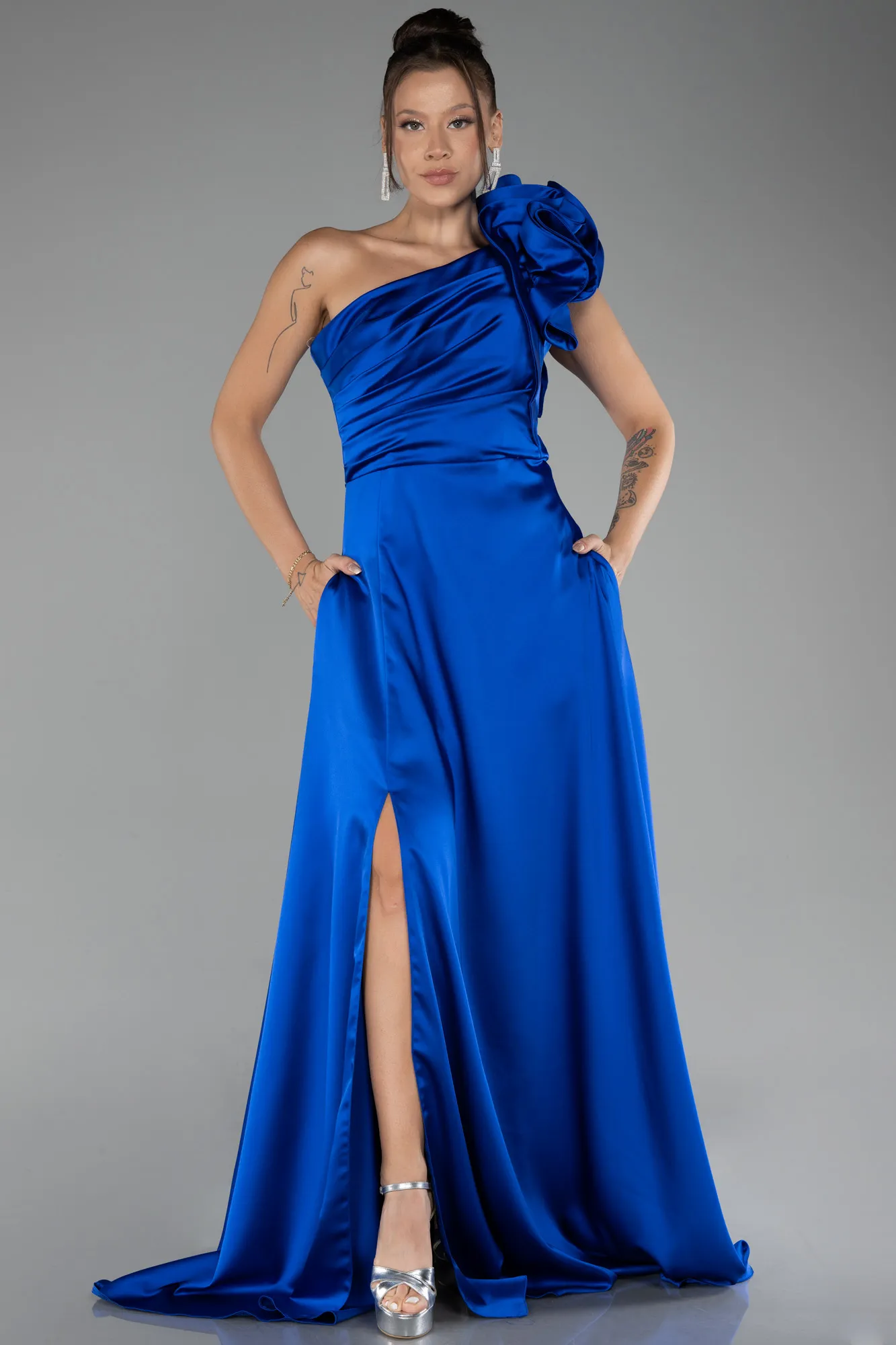 Sax Blue-One Shoulder Slit Long Satin Evening Dress ABU4092