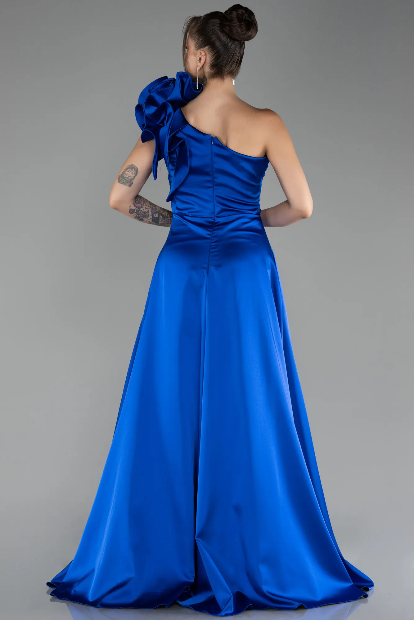 Sax Blue-One Shoulder Slit Long Satin Evening Dress ABU4092