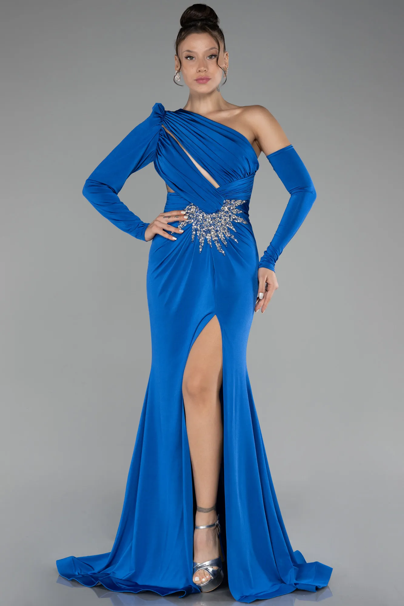 Sax Blue-One Sleeve Long Evening Dress ABU3851